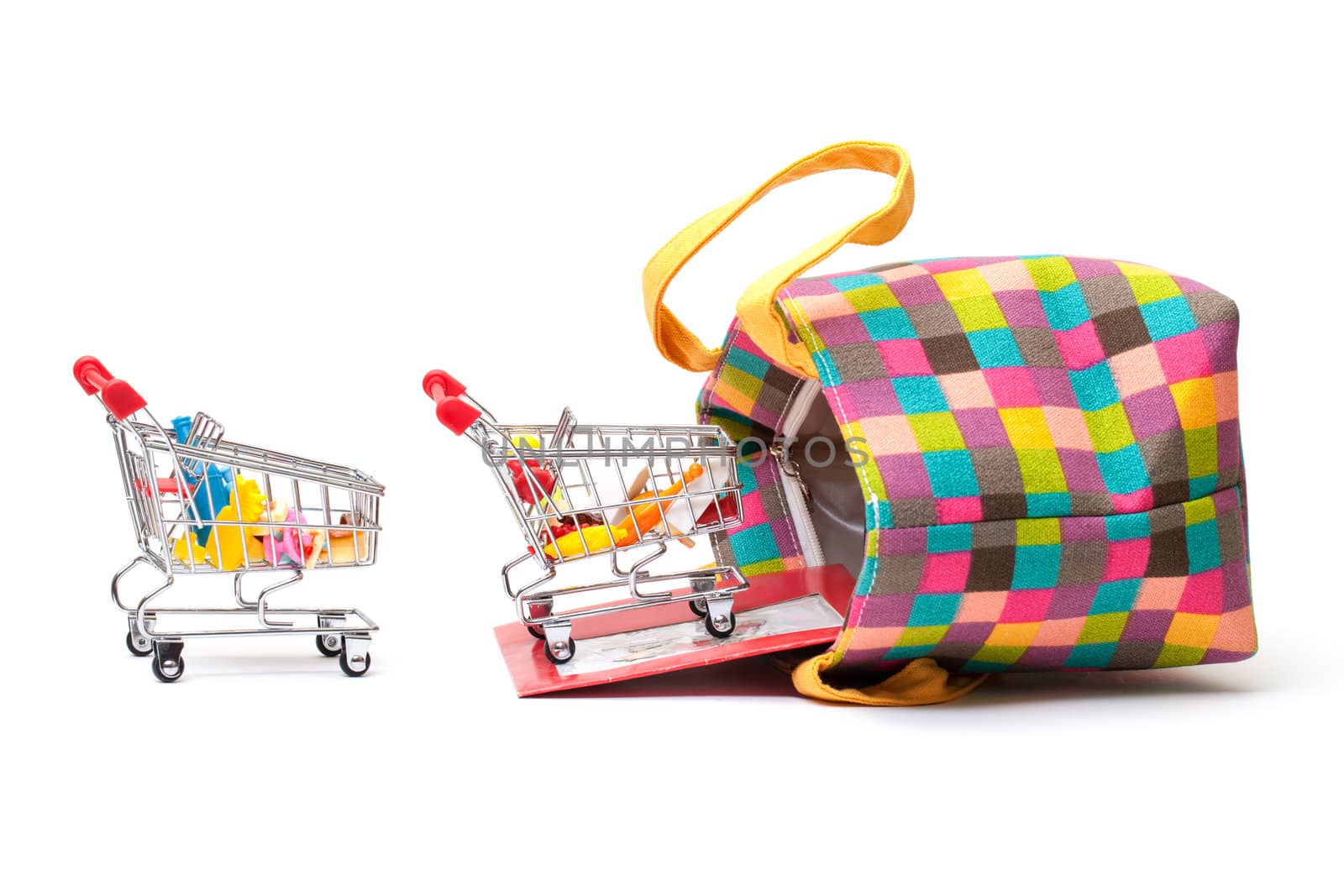 Shopping Cart with Vibrant Bag on white background