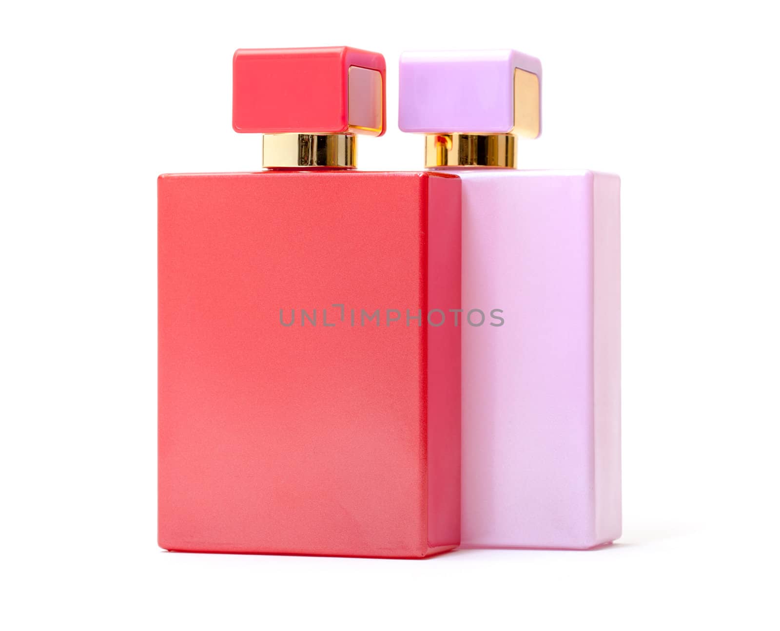 Red and Pink Perfume Bottles on white background