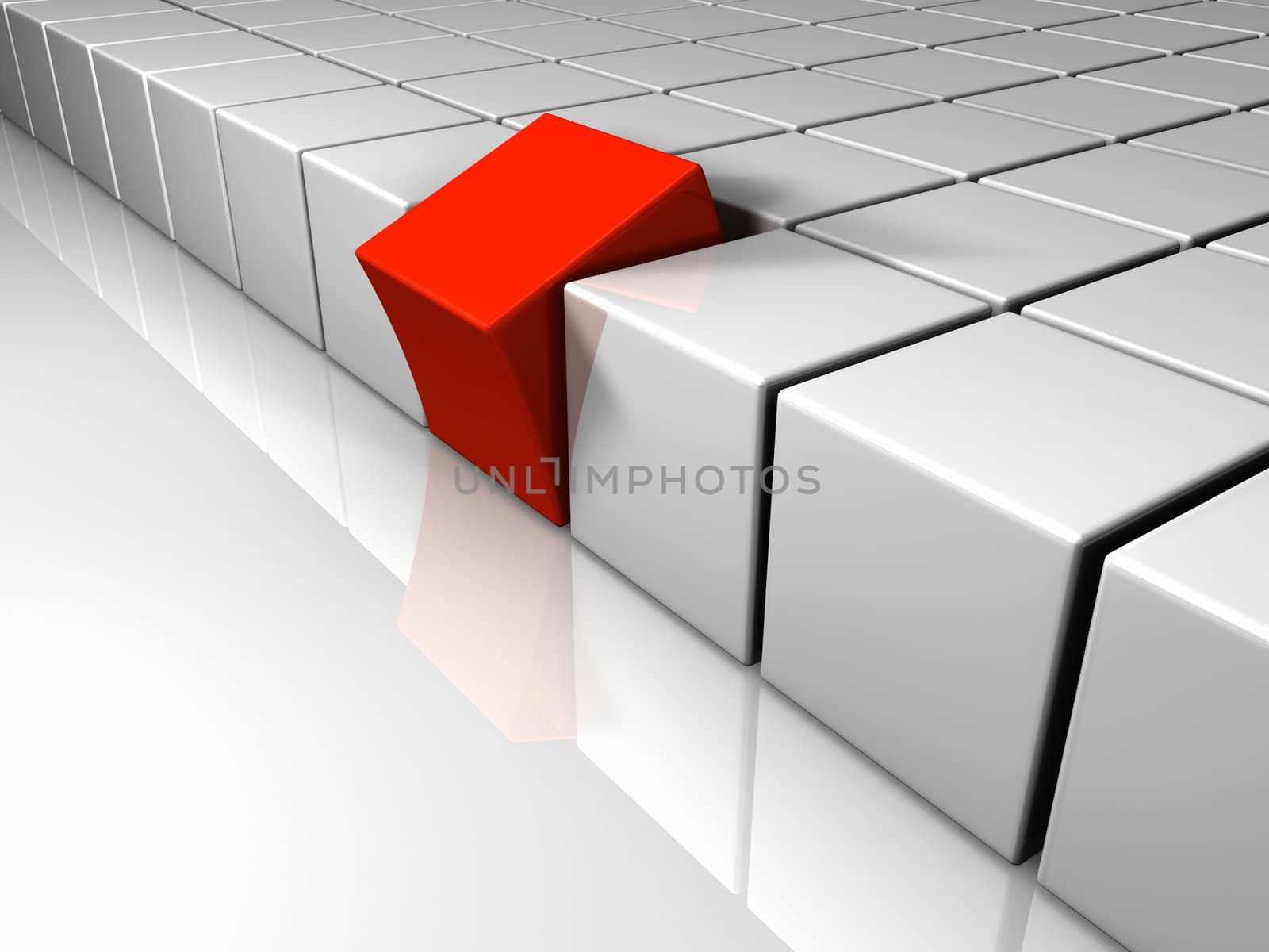 Many white cubes arranged in equal rows, a different one is red