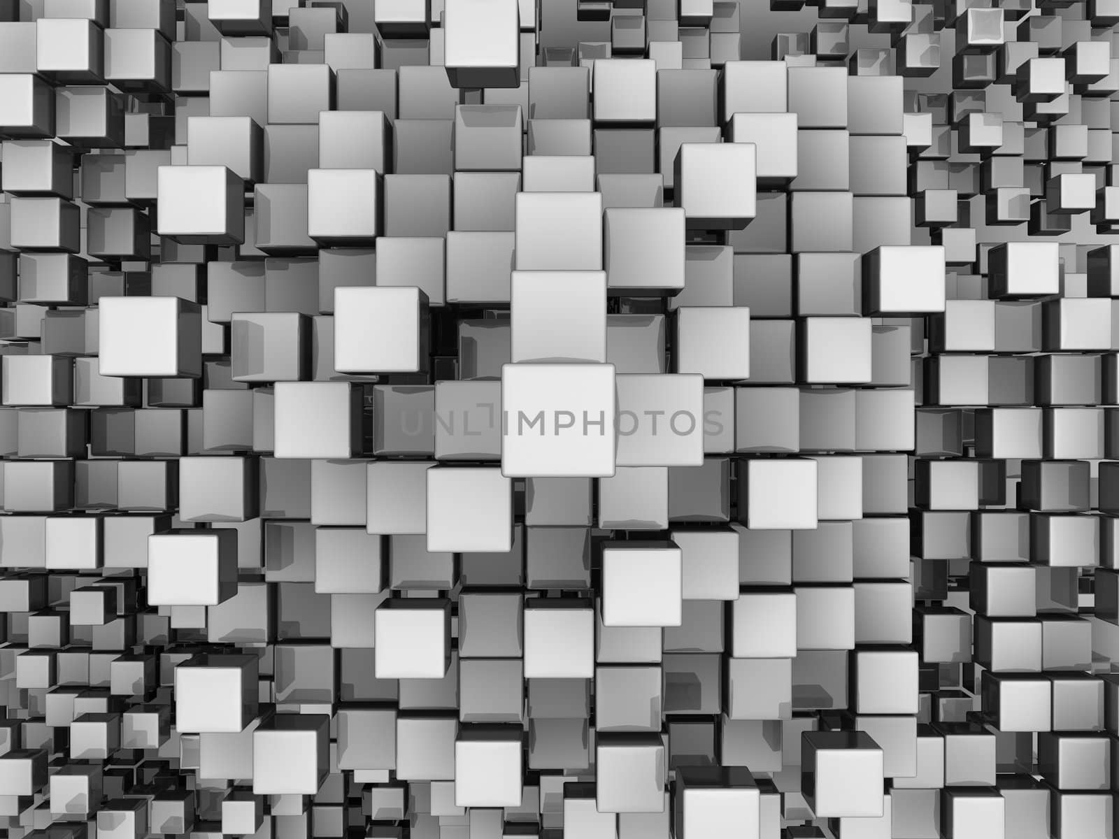 Many white reflective cubes, top view, 3d render abstract background