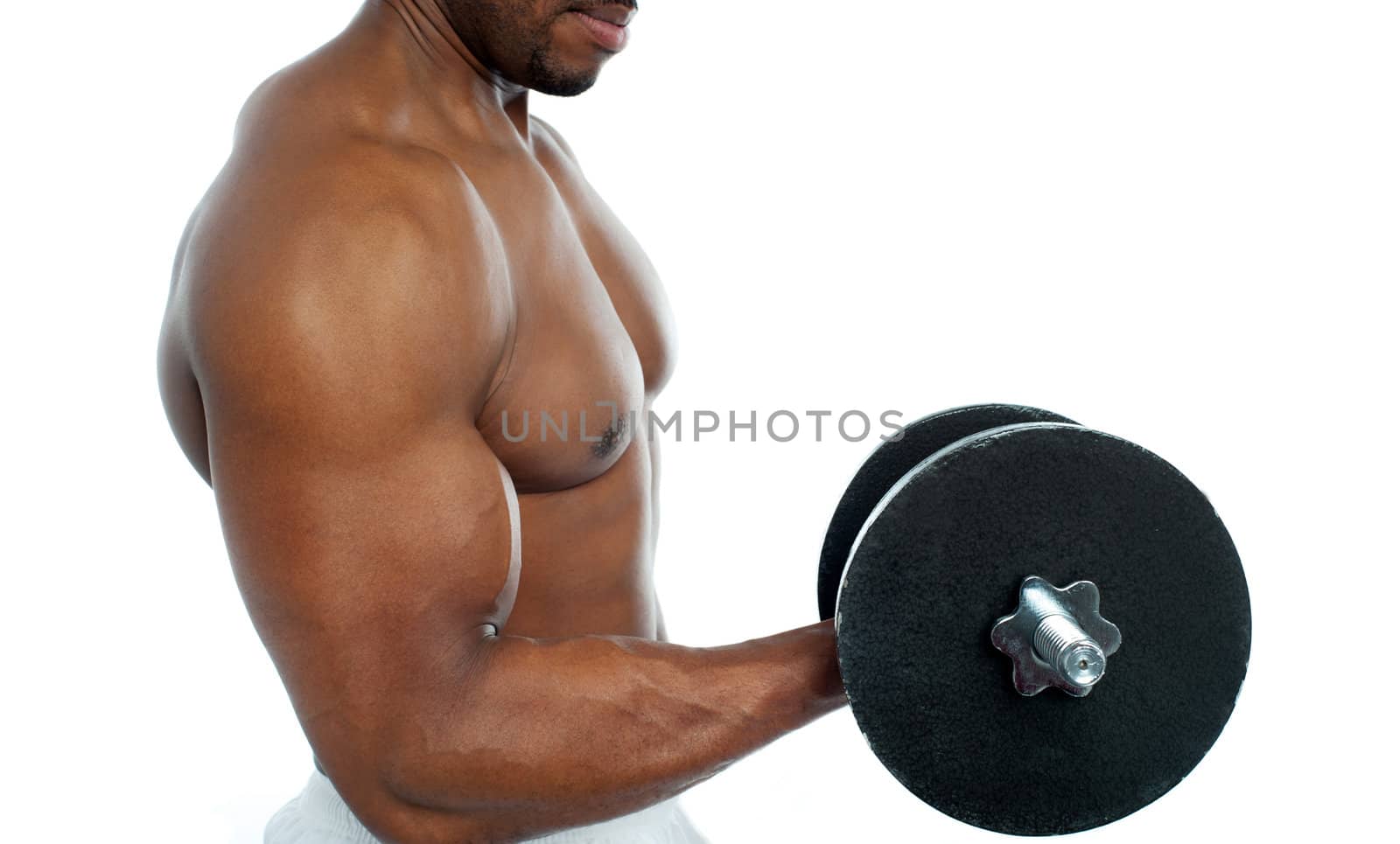 Cropped image of a bodybuilder exercising over white background