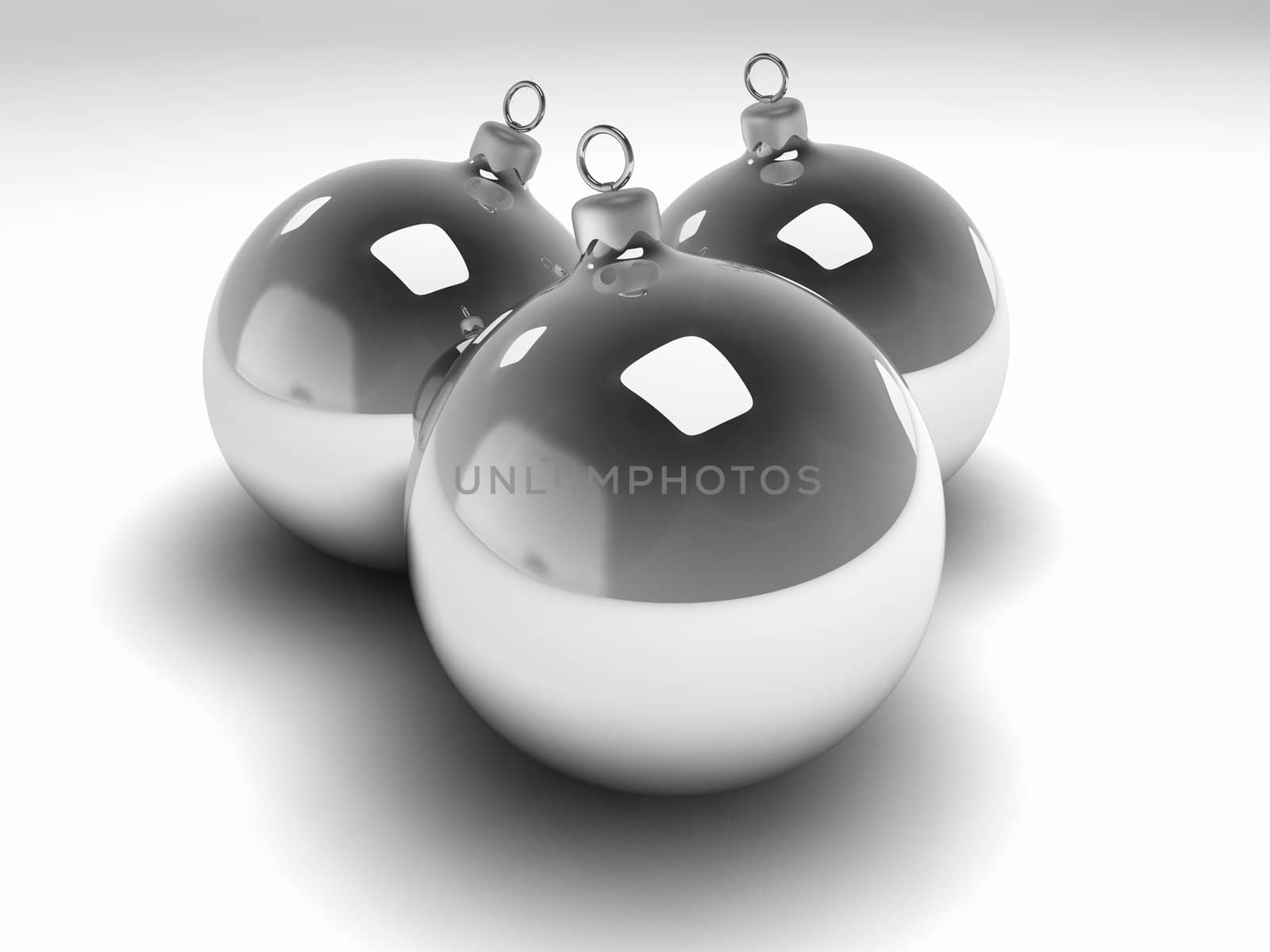 Three silver christmas bulbs with silver hangers, 3d render