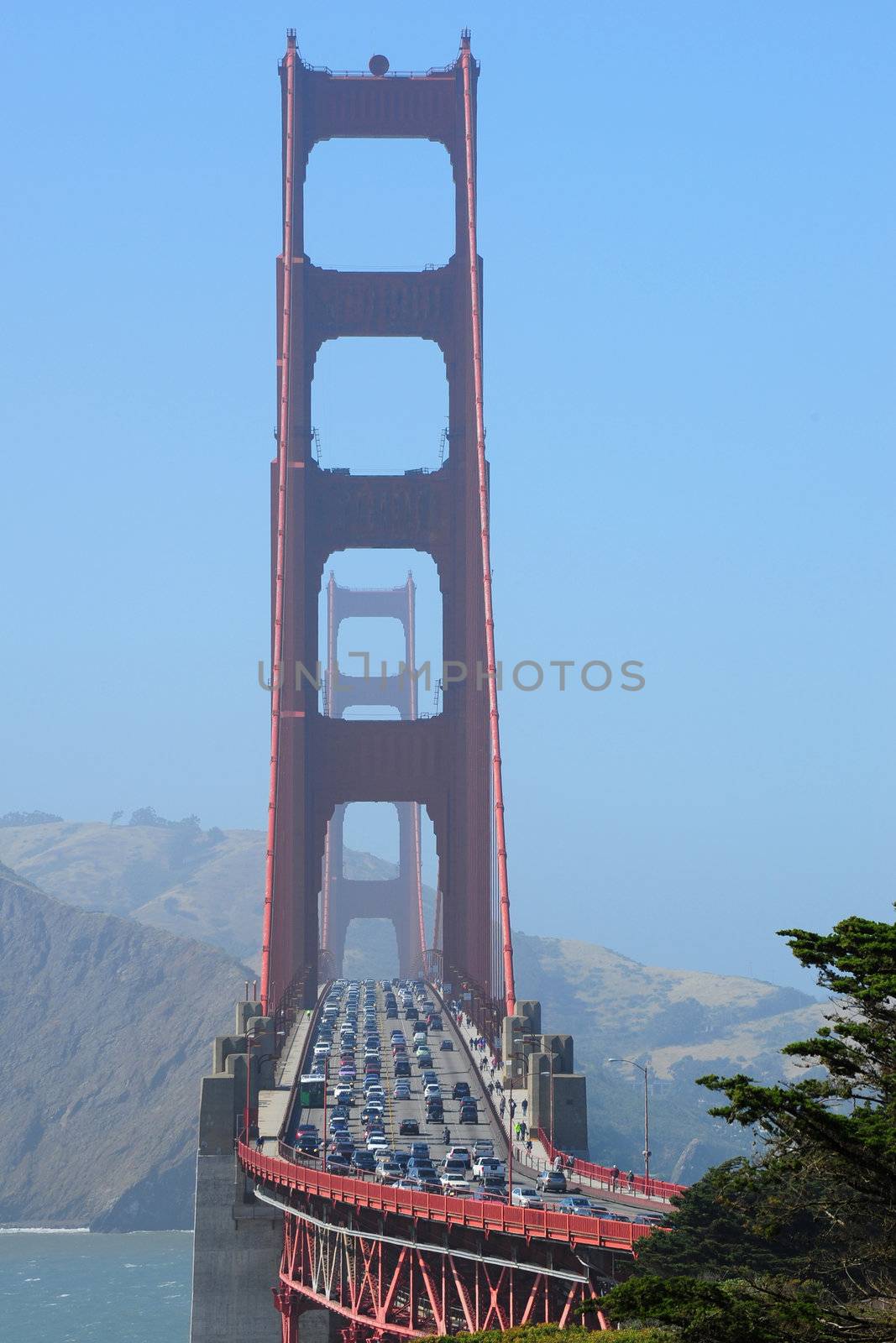 A rush hour traffic over a famous golden gate bridge