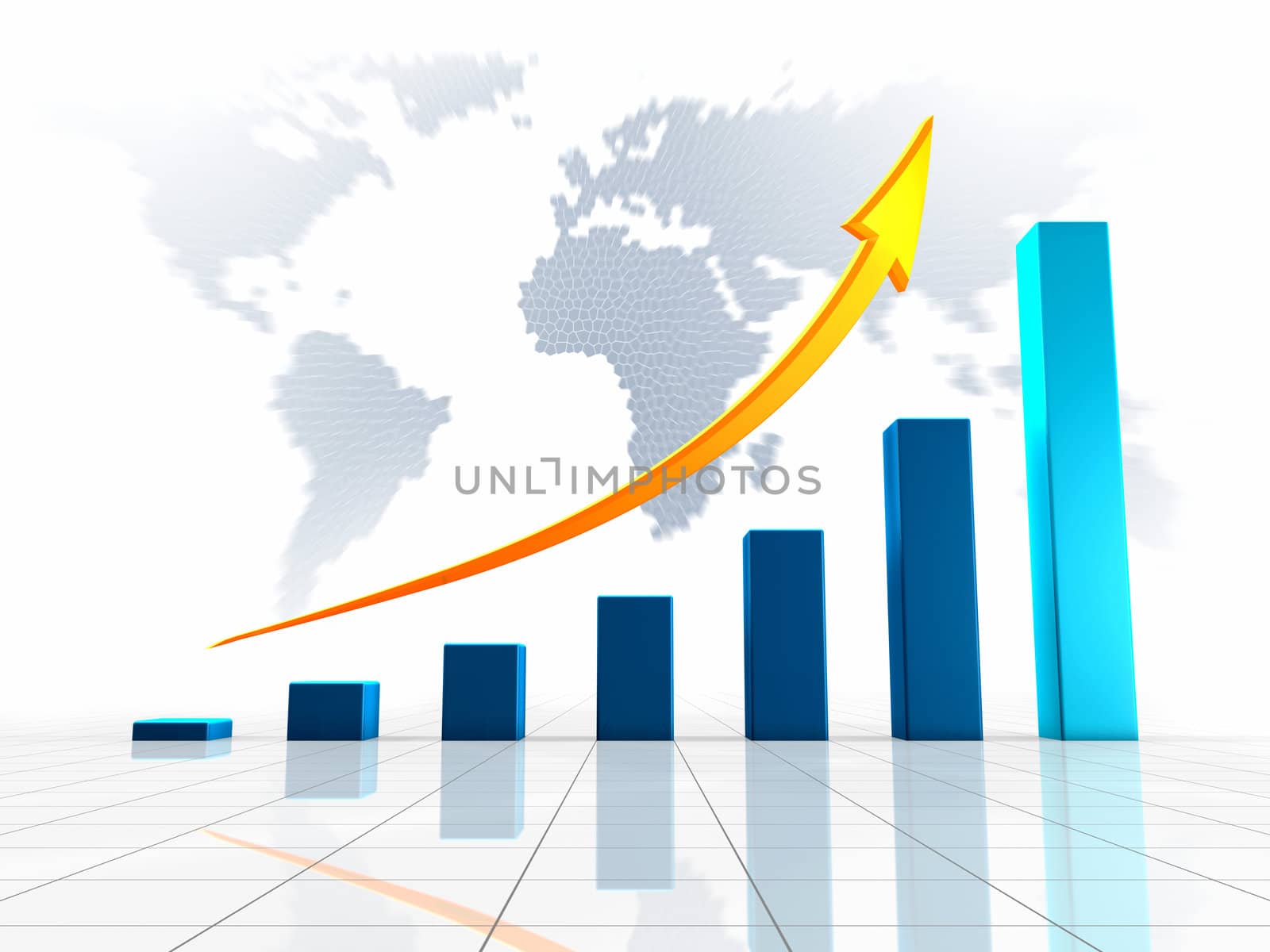 Growing chart with golden arrow pointing upwards, against the world