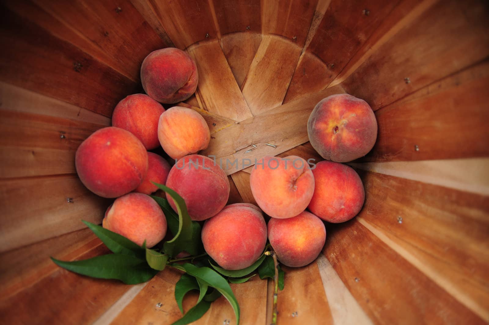 fresh peaches in wooden basket