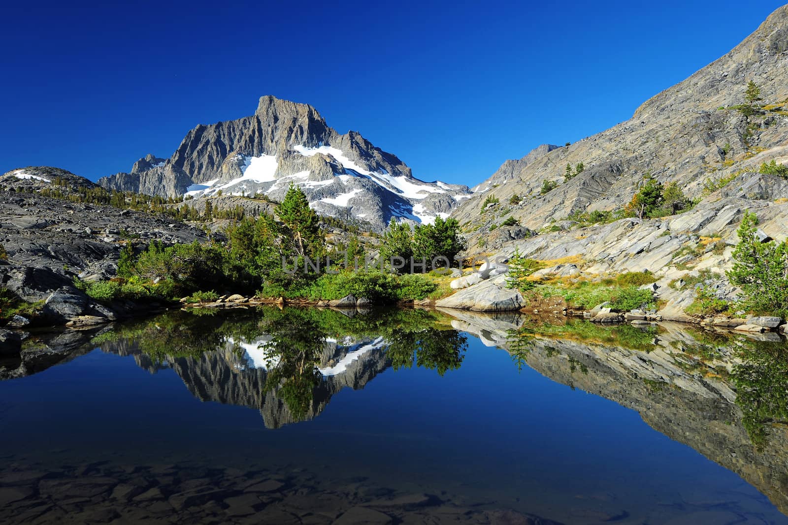 banner peak reflection near thousand island lake, california