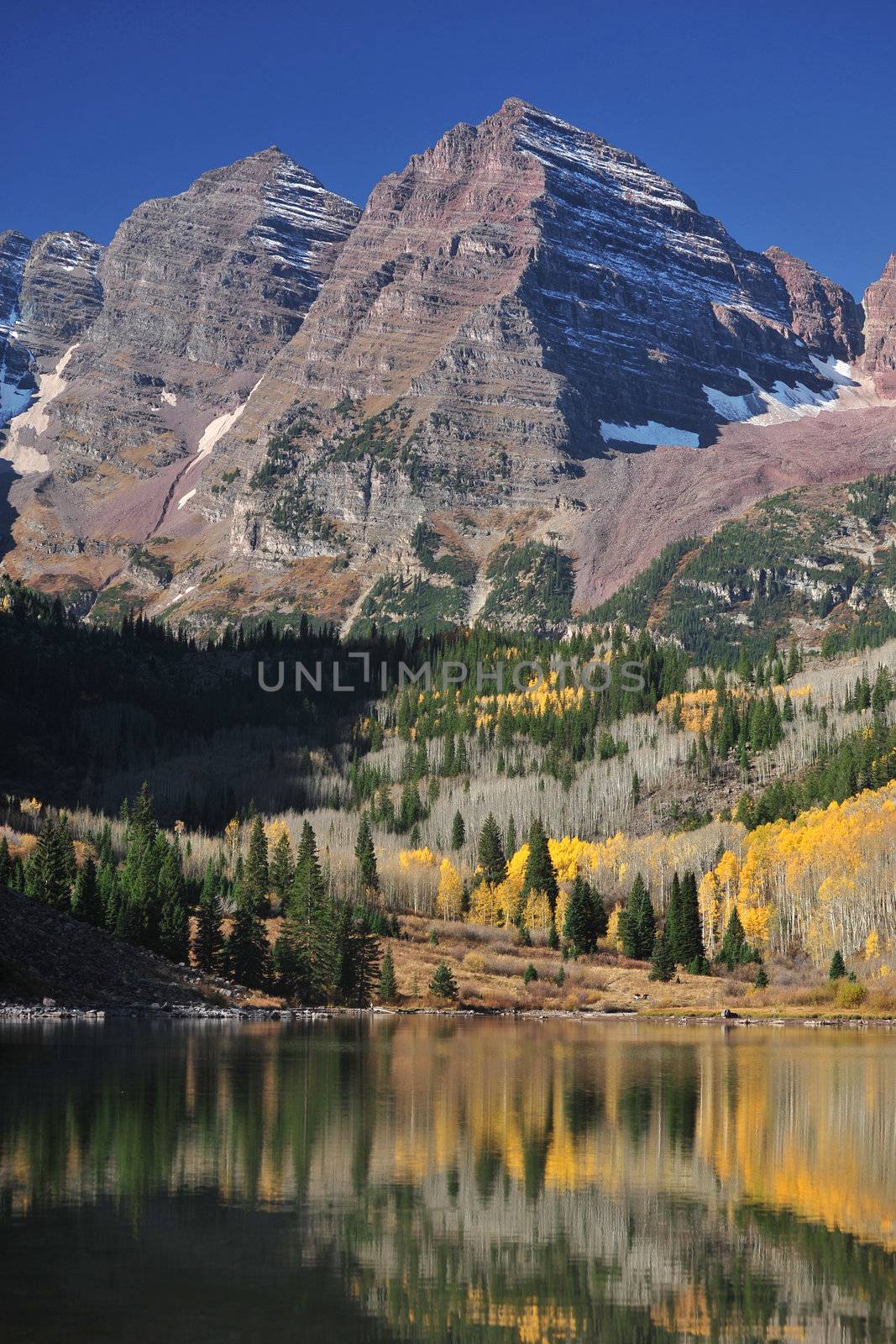 Maroon peaks and maroon lake in autumn with yellow trees from Colorado