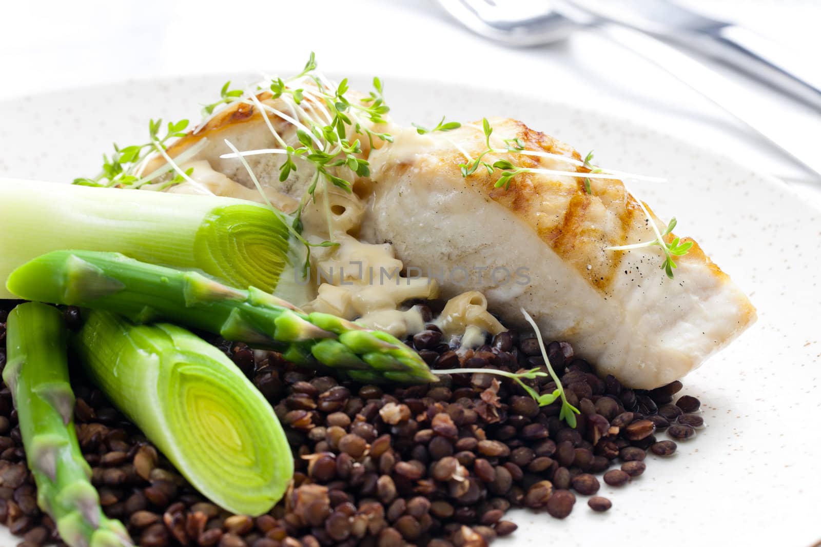 butterfish with green lentils, leek and green asparagus