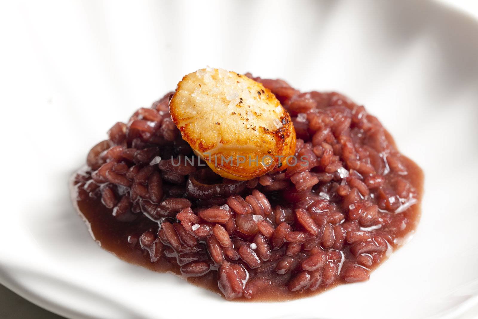fried Saint Jacques mollusc on risotto steamed with red wine by phbcz