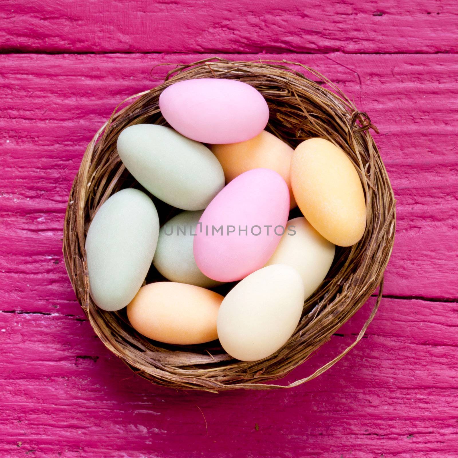 Easter eggs in nest on rustic wood