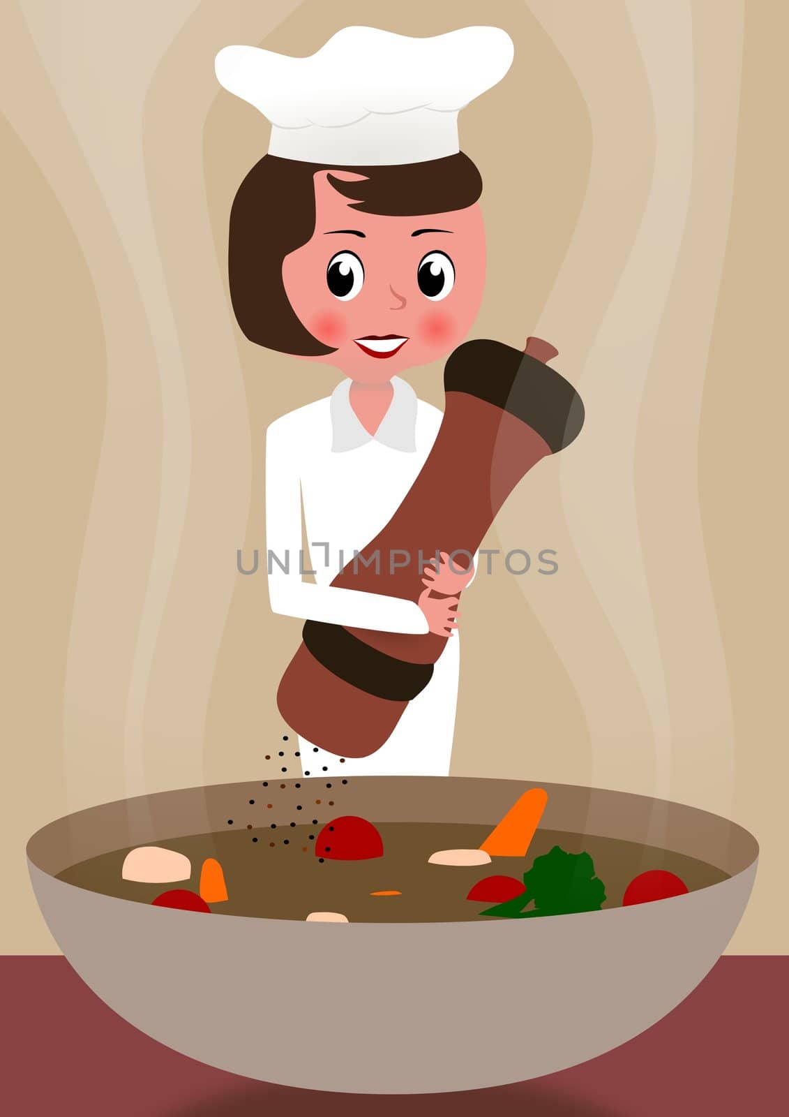 Illustration of a woman cook adding pepper to a large meal