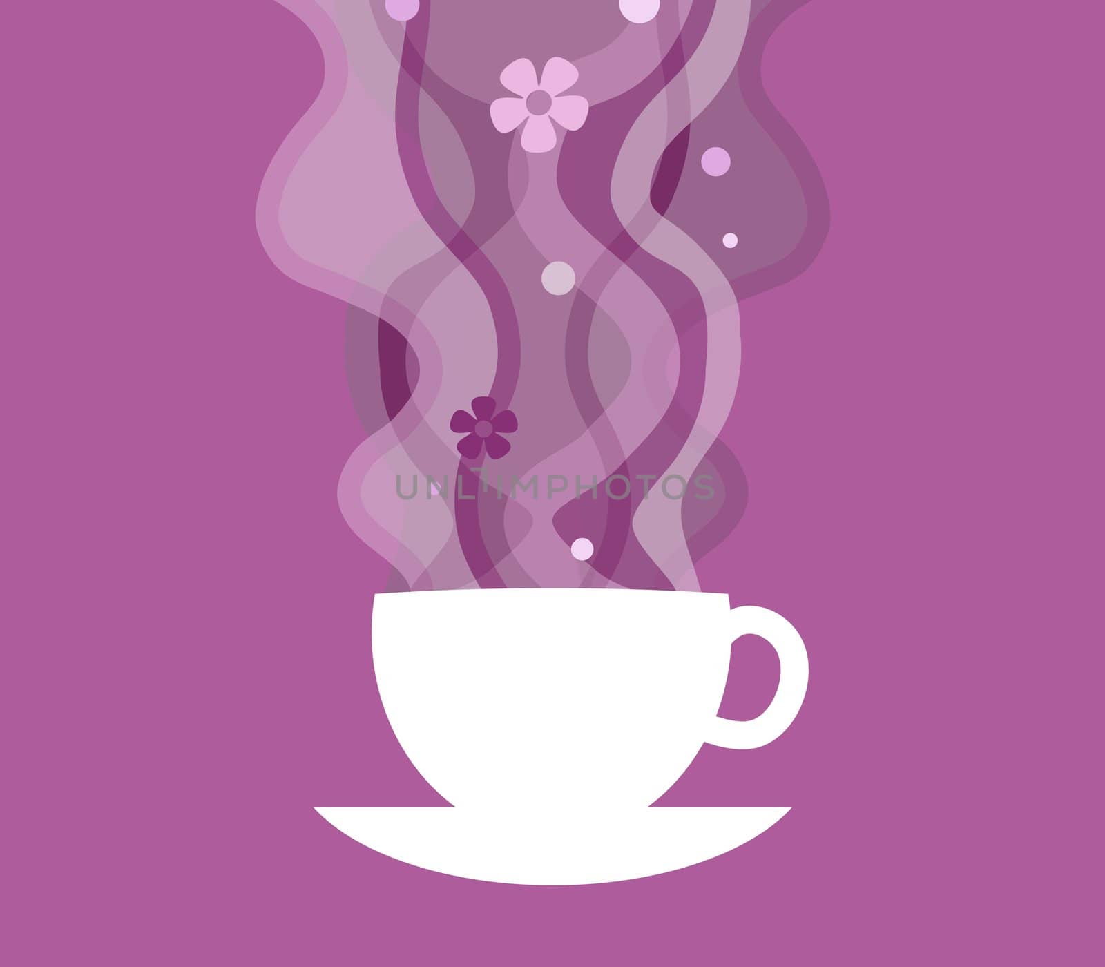 Illustration of a cup and saucer with aromatic flowery steam