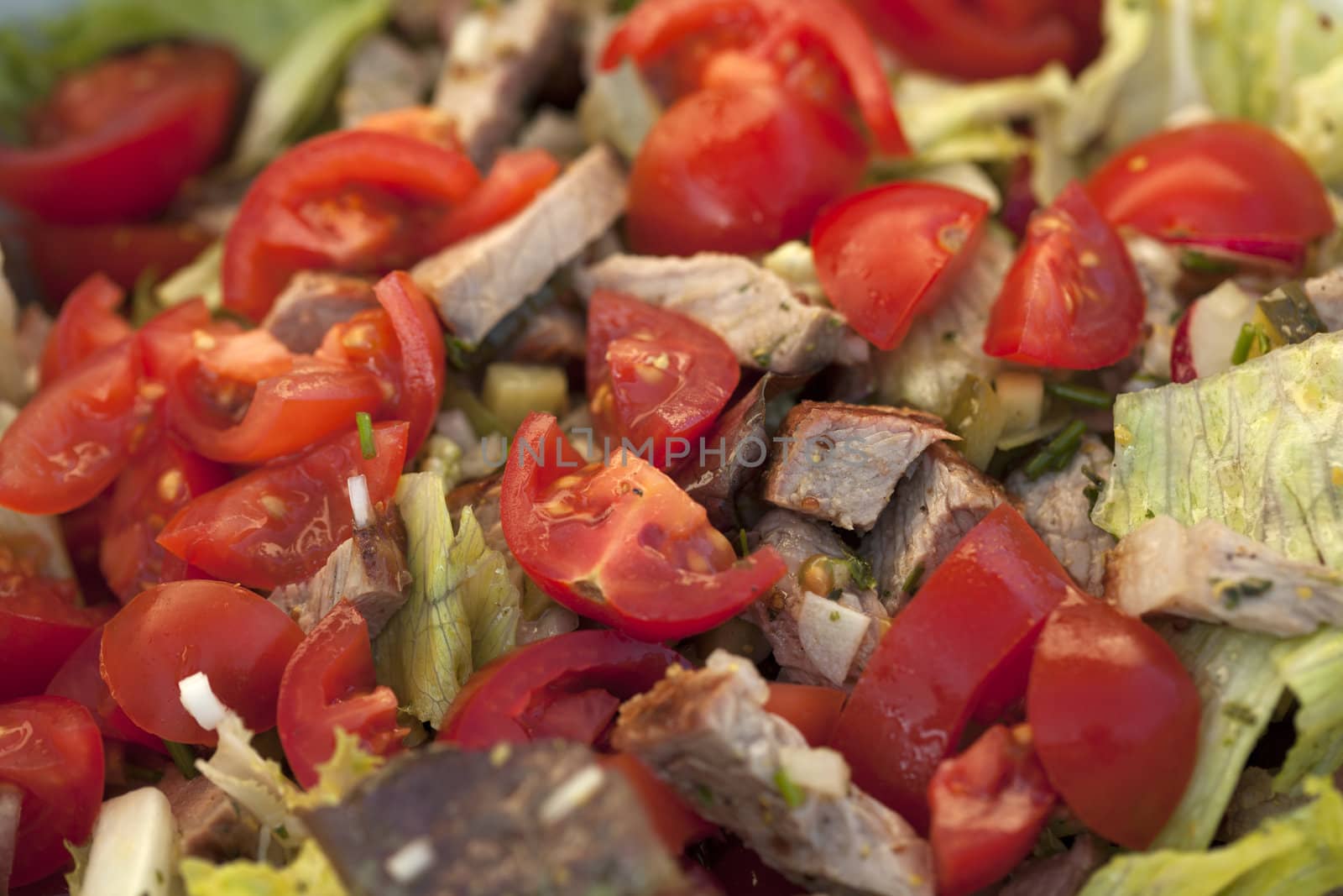 Beef Salad with lettuce, tomatoes, cucumbers, onion, salt, pepper
