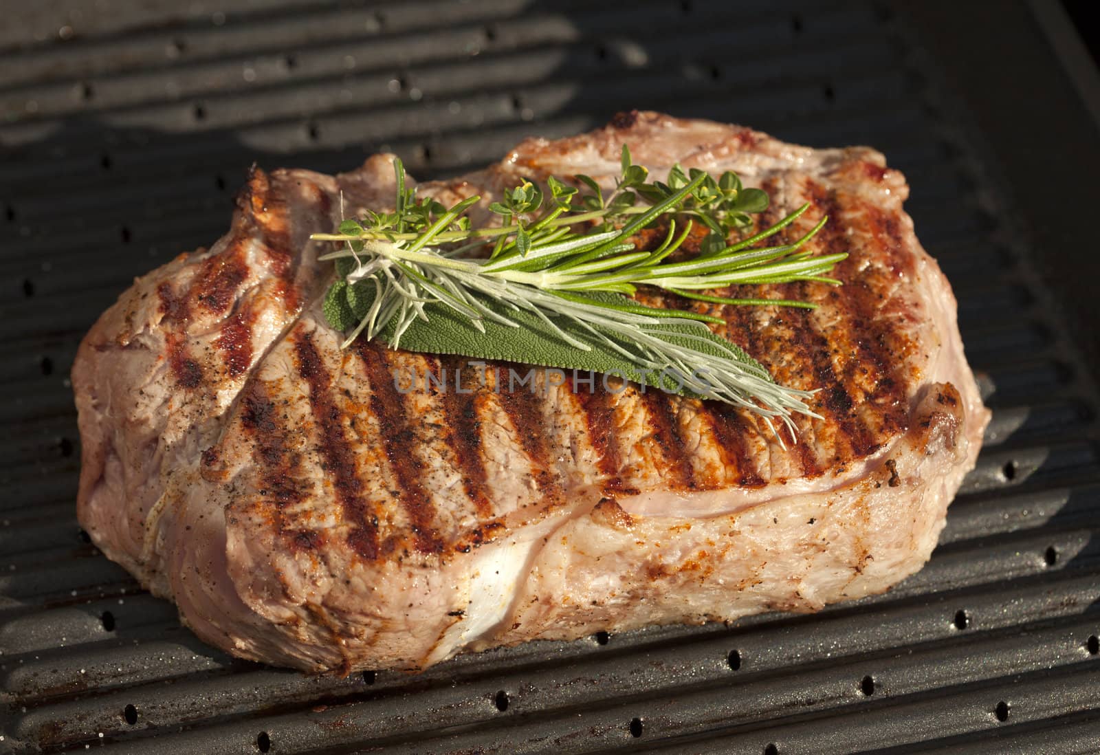 juicy steak on a grill with herbs