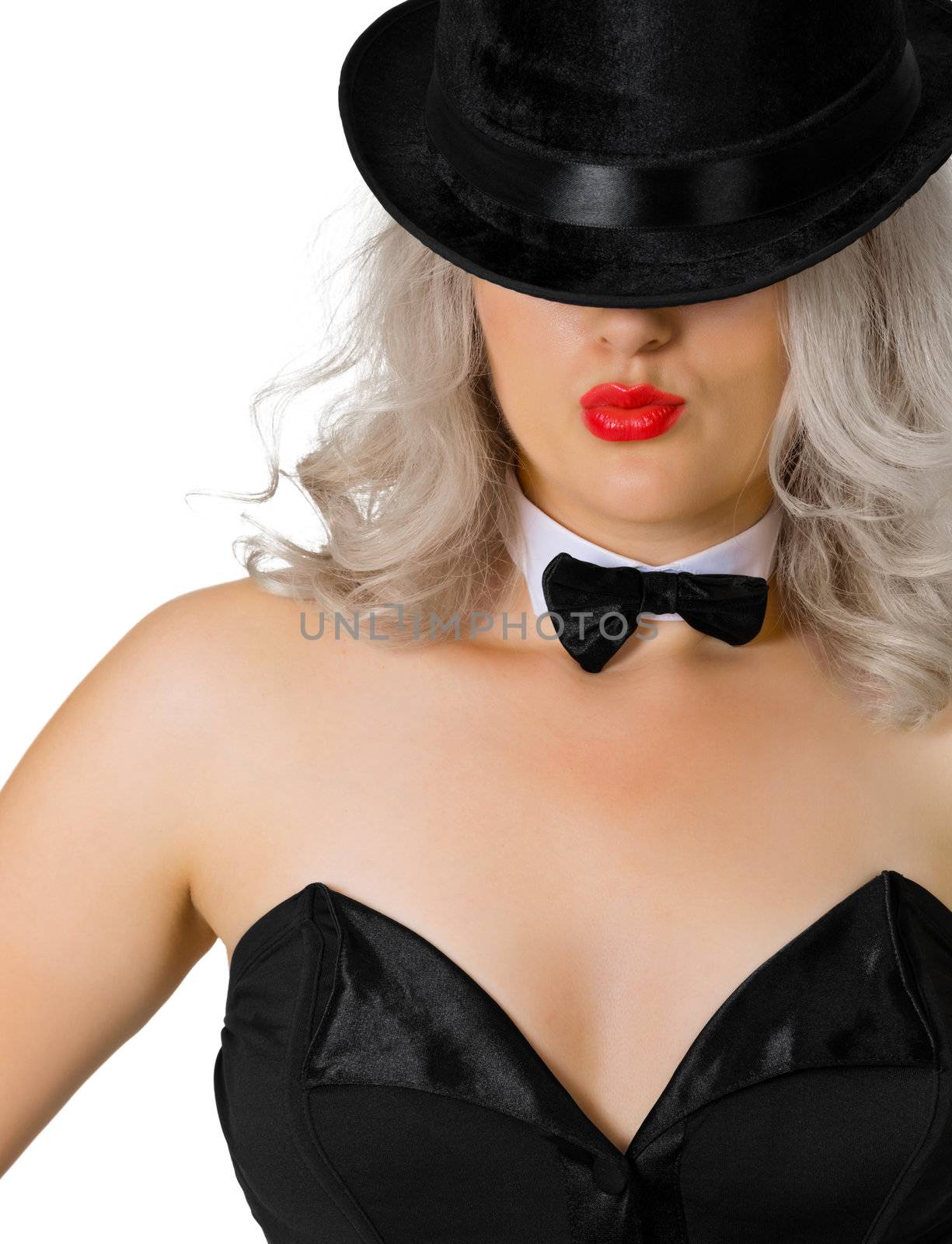 Portrait of a blonde in a black hat isolated on white background
