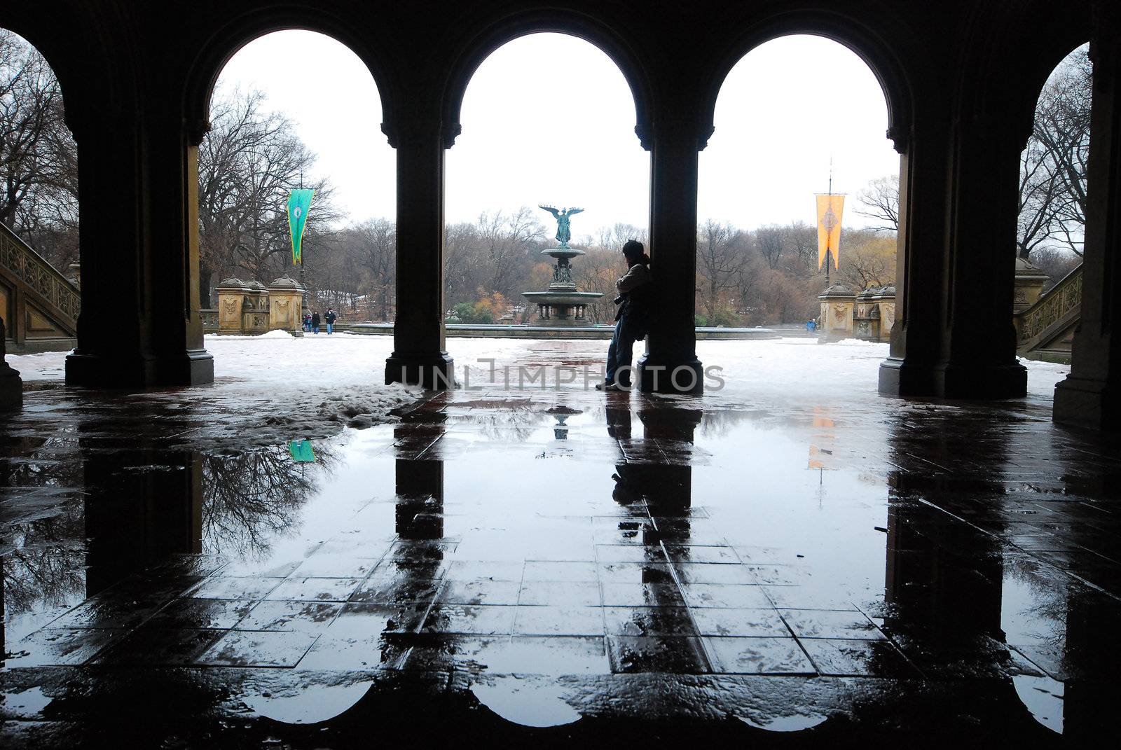 arches near bethesda fountain at central park in winter