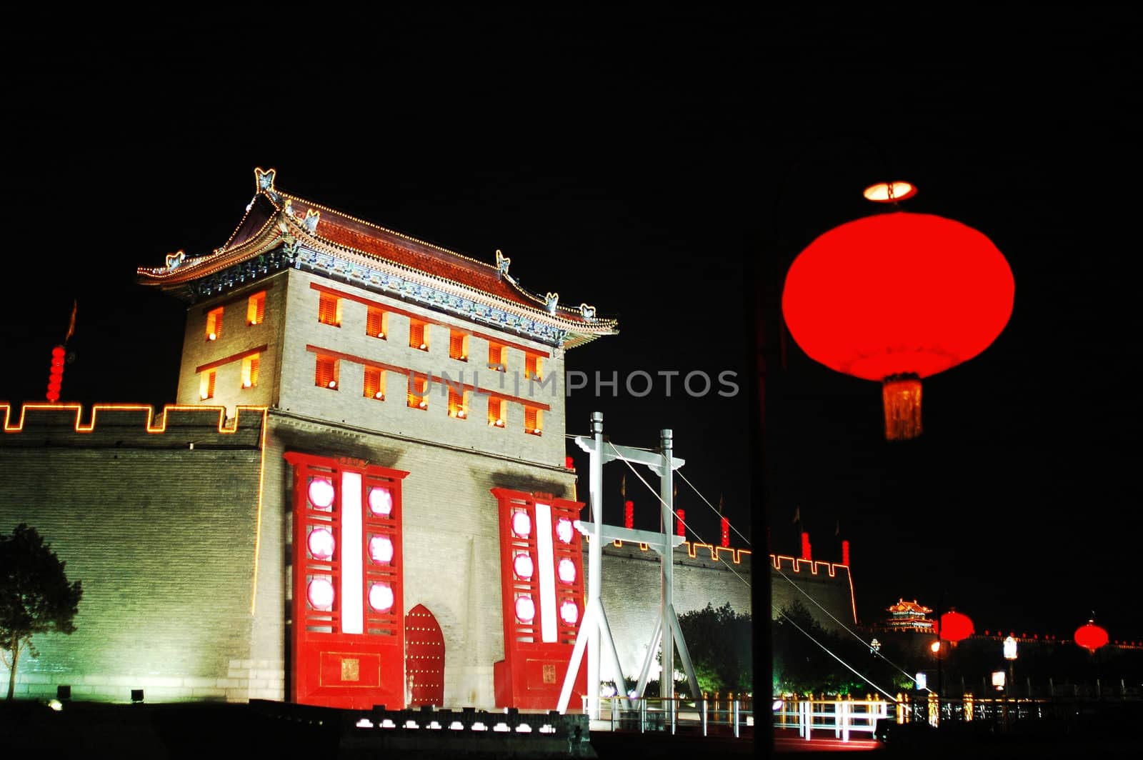 Night scenes of the famous ancient city wall of Xian China