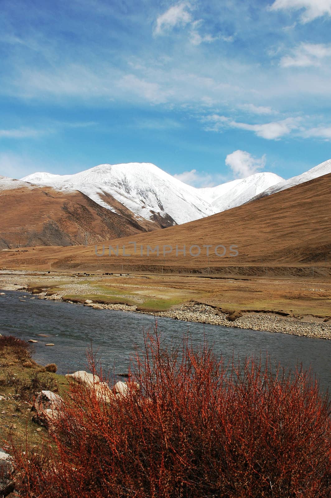 Landscape of snow-capped mountains and a river in the highland of Tibet