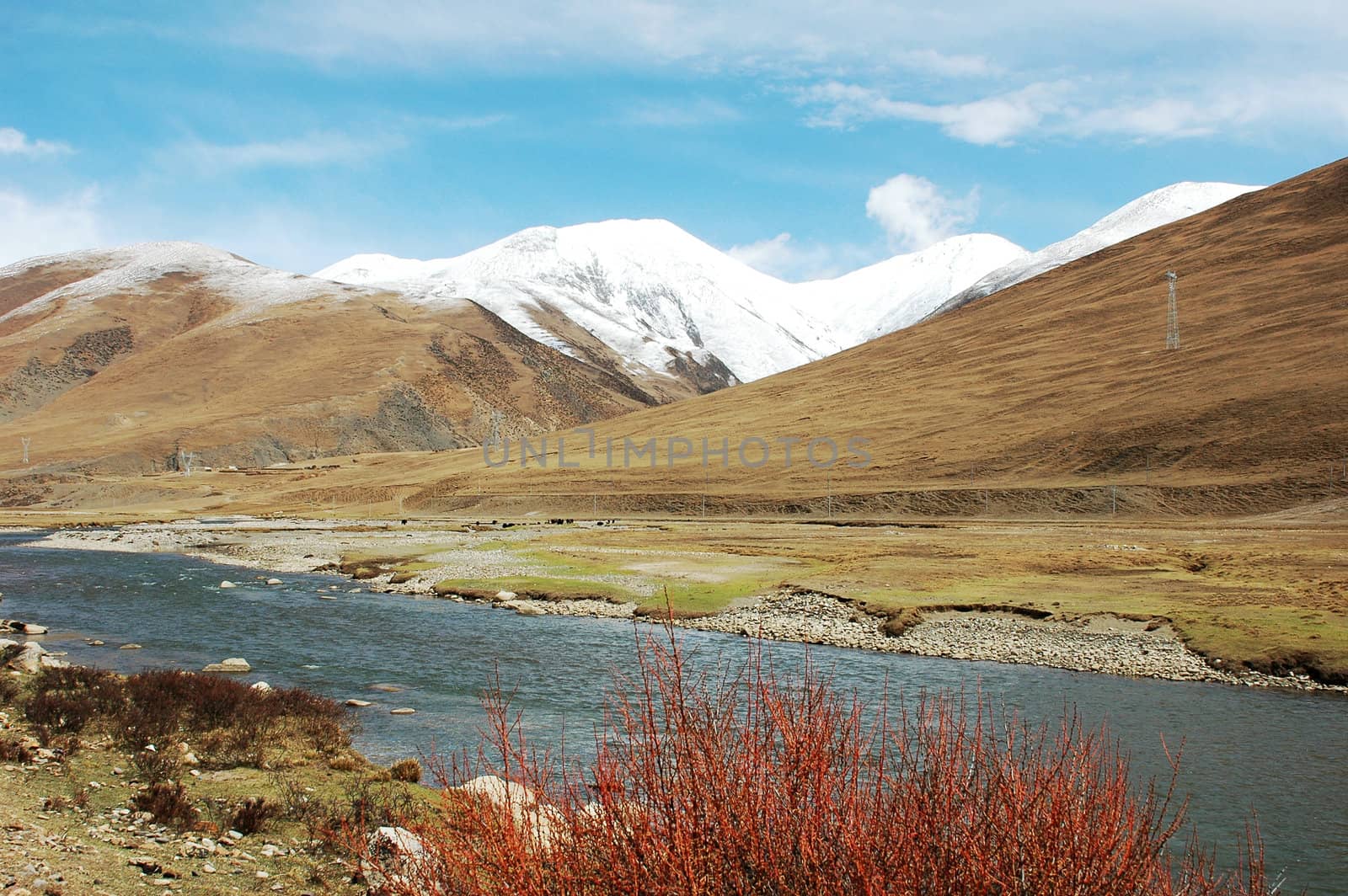 Landscape of snow-capped mountains and a river in the highland of Tibet