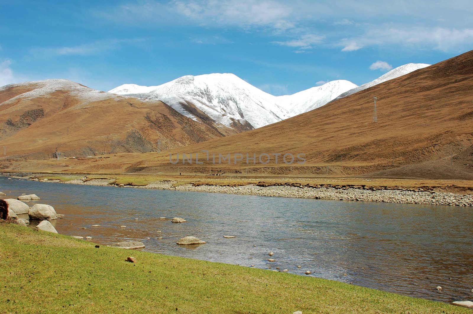 Landscape of snow-capped mountains and a river in the highland of Tibet