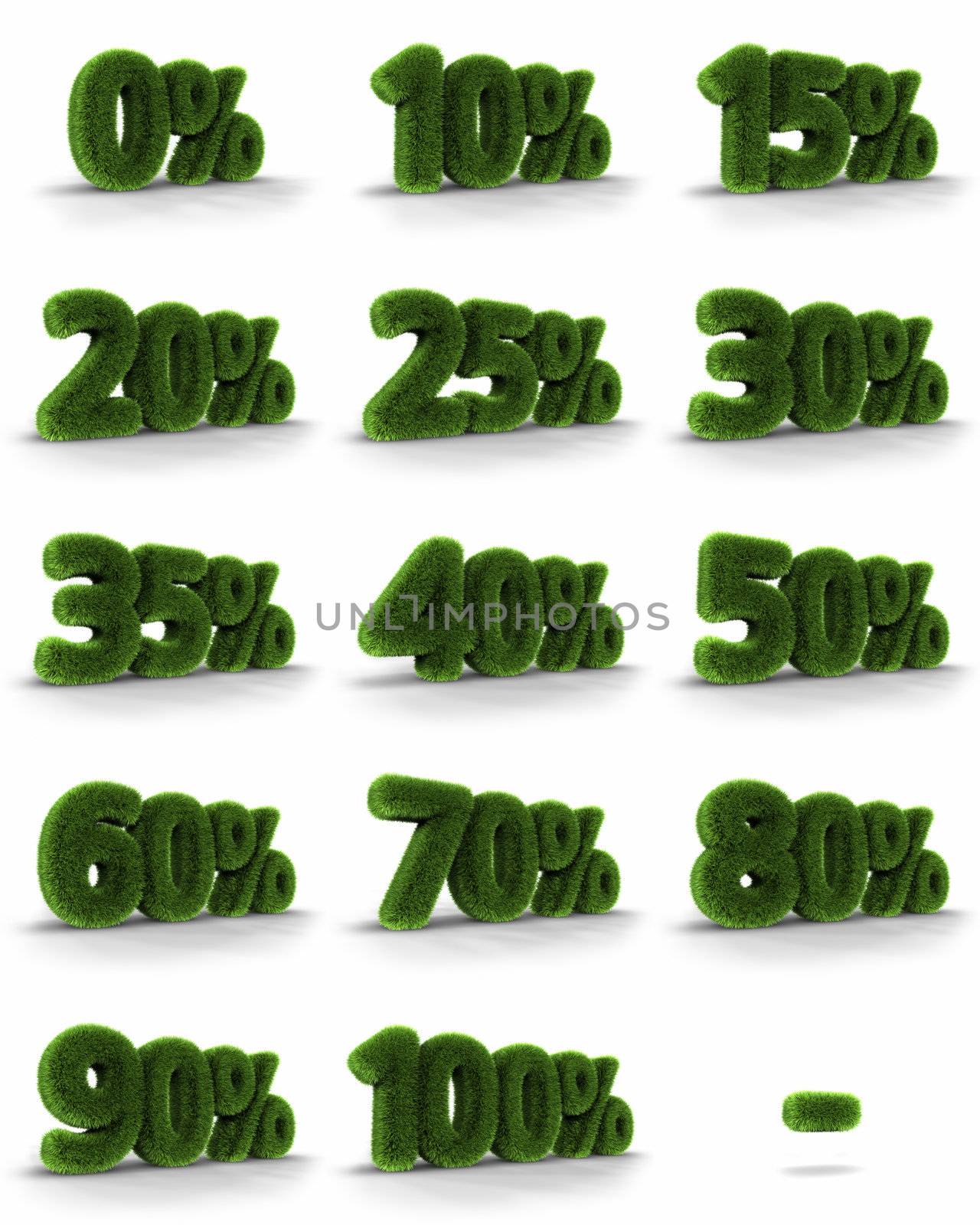 Complete set of grass percent tags for sales and discounts, price tags with minus, 3d render