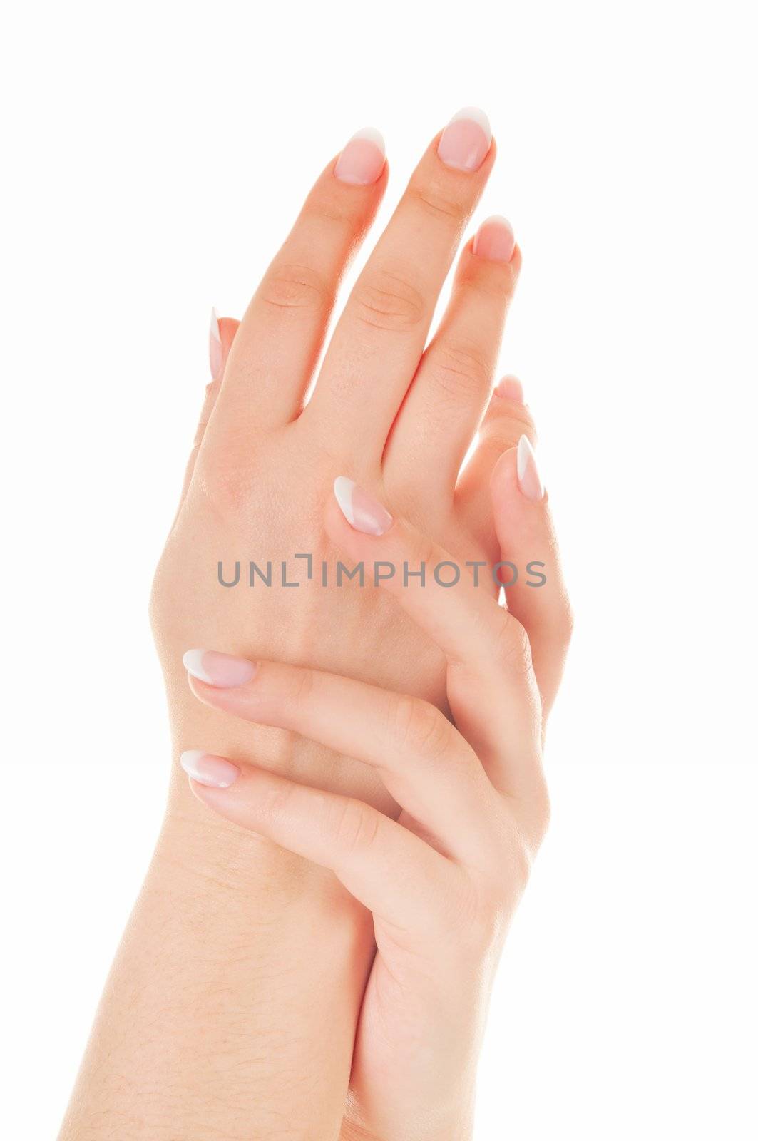 Beautiful female hands with nice french manicure isolated on white background
