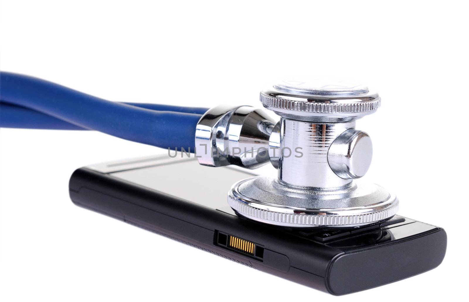 Concept of carefully listening with mobile phone and stethoscope isolated on white background, with clipping path