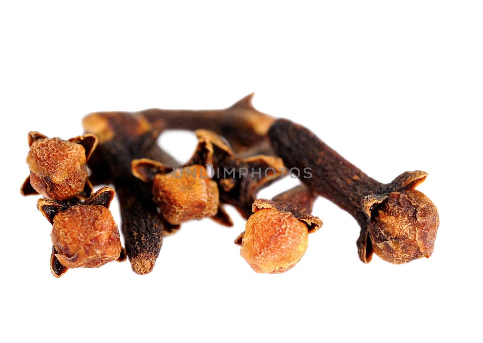 Heap of dry aroma cloves on white background. Shallow depth of field.