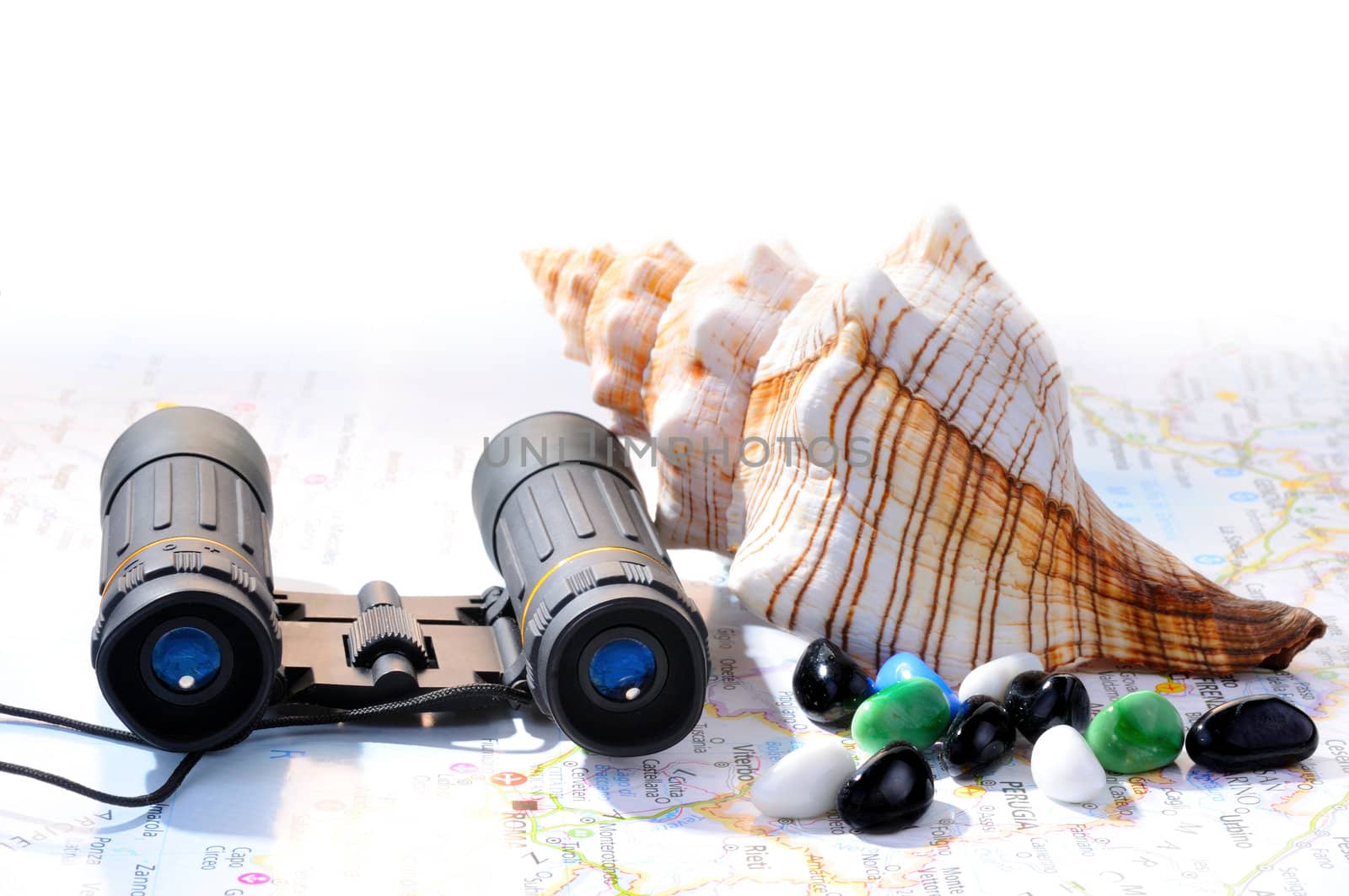 Concept for travel to sea with black binoculars on a map, big sea shell and stones. With white space above for text.