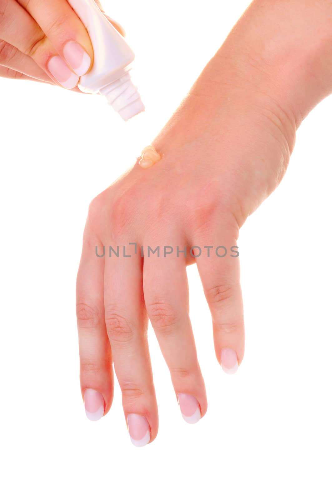 Hands cream applying on white background