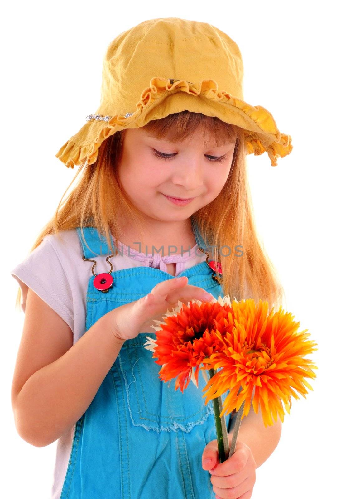 Beauty small girl with three flowers on white background