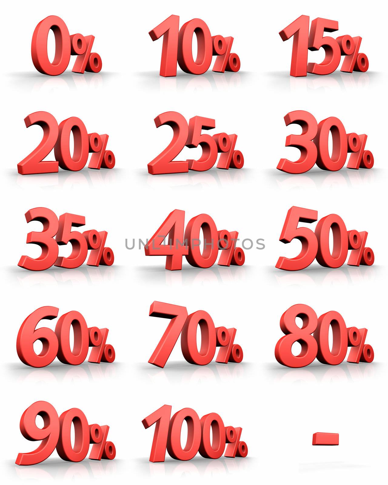 Complete set of red percent tags for sales and discounts, price tags with minus