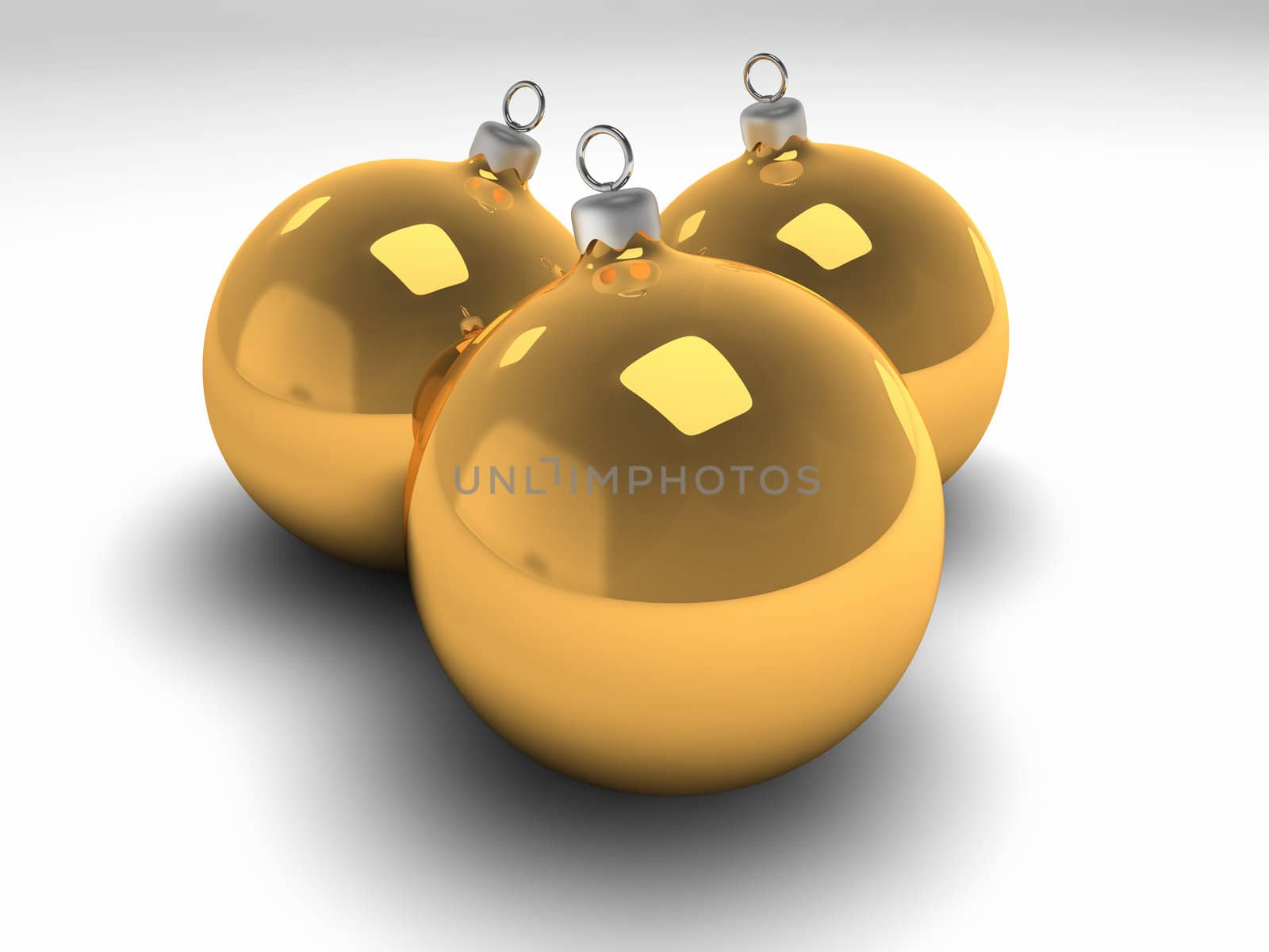 Three gold christmas bulbs with silver hangers, 3d render