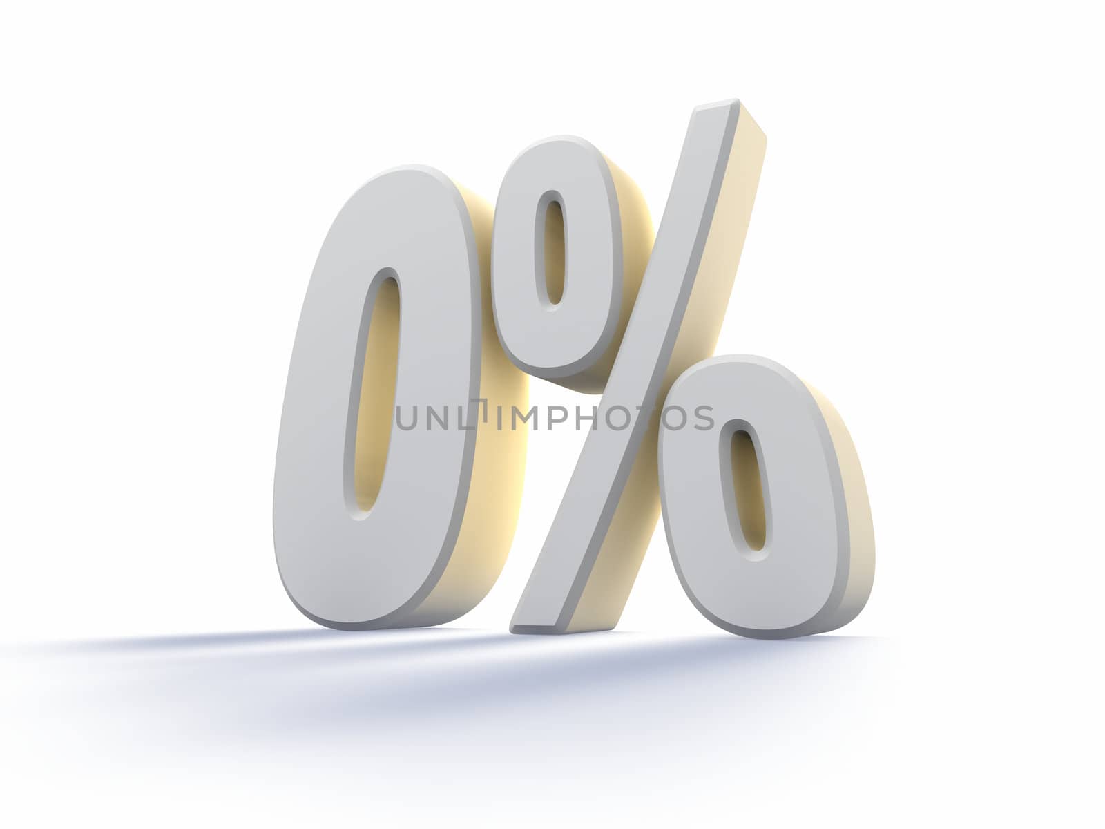 Zero percent, large white number with backlit, isolated on white background. 0%