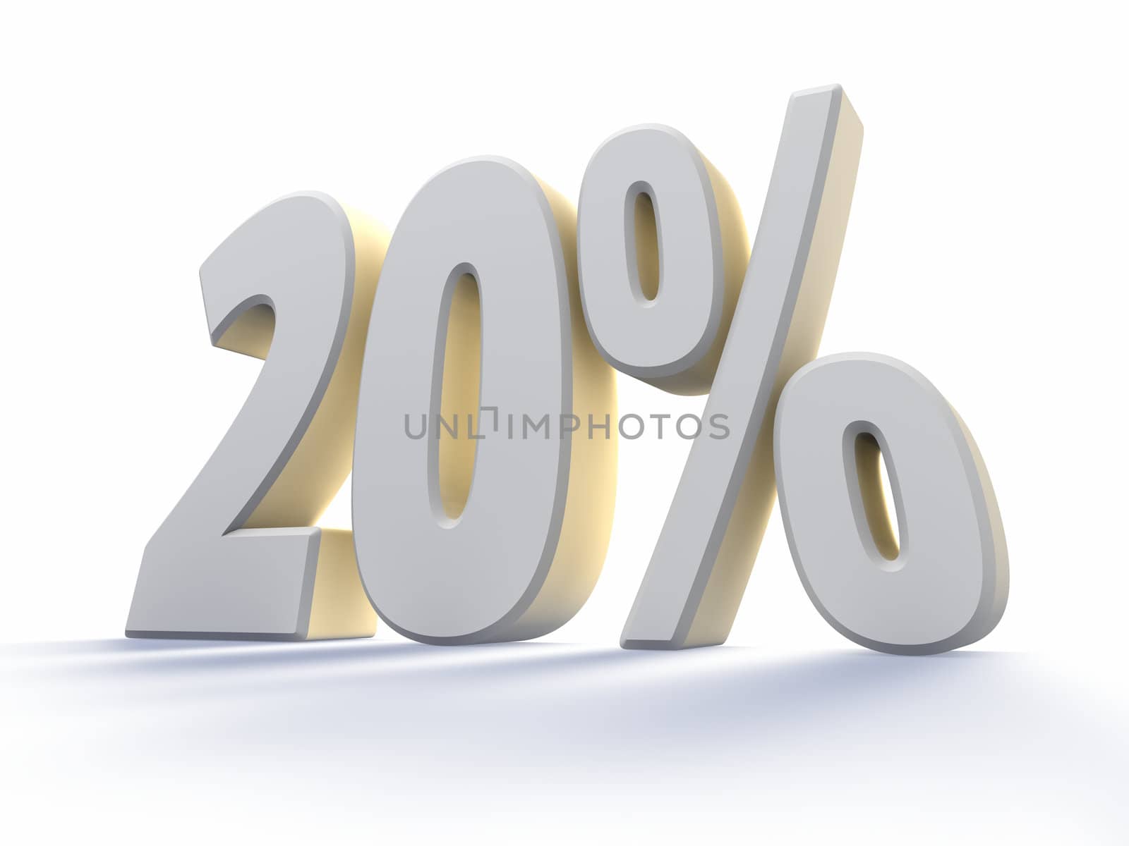 Twenty percent, large white number with backlit, isolated on white background. 20%