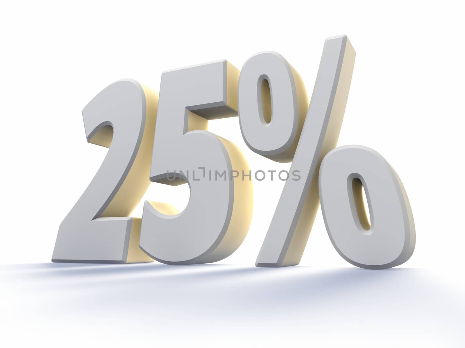 Twenty five percent, large white number with backlit, isolated on white background. 25%