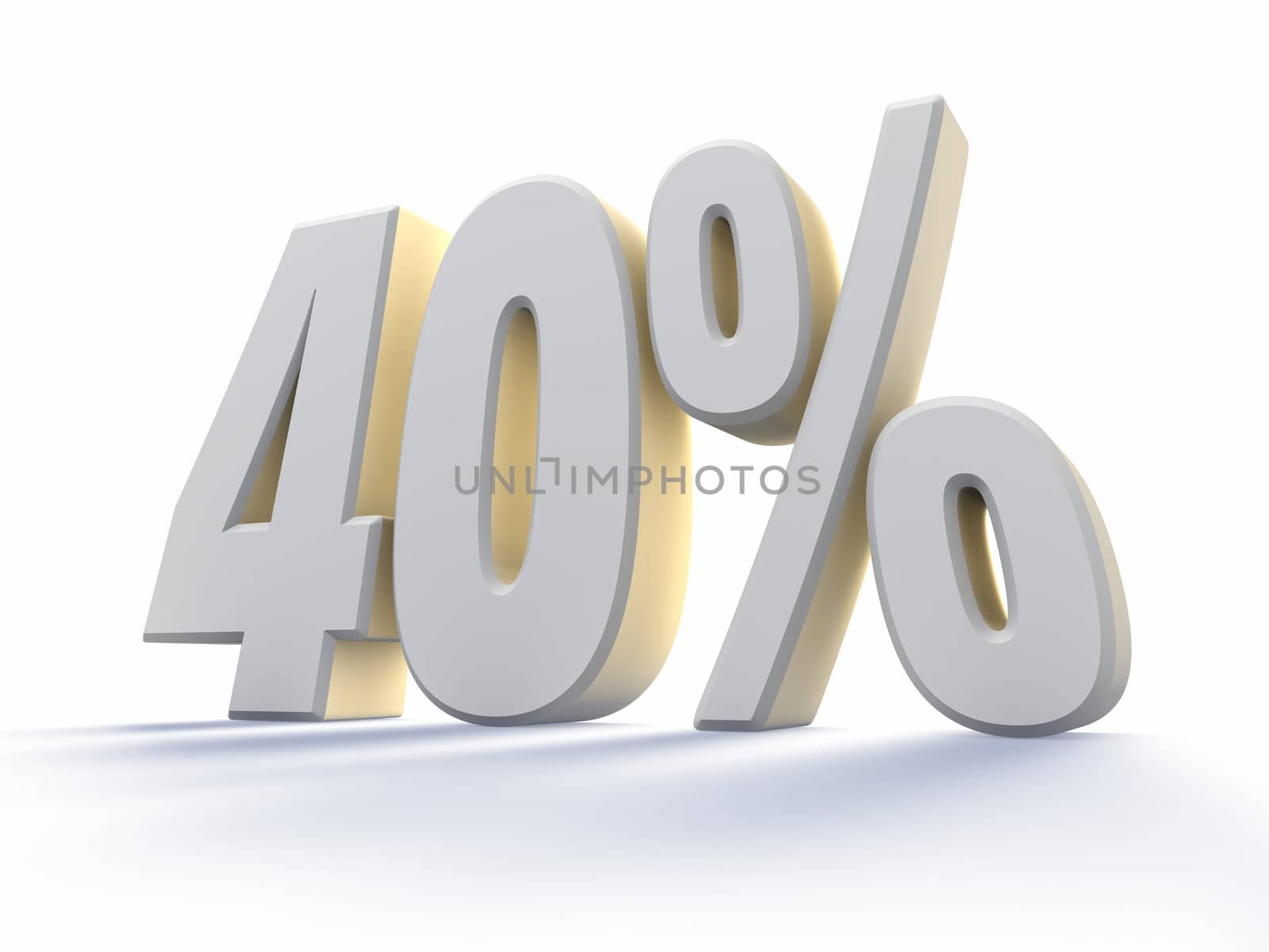 Forty percent, large white number with backlit, isolated on white background. 40%