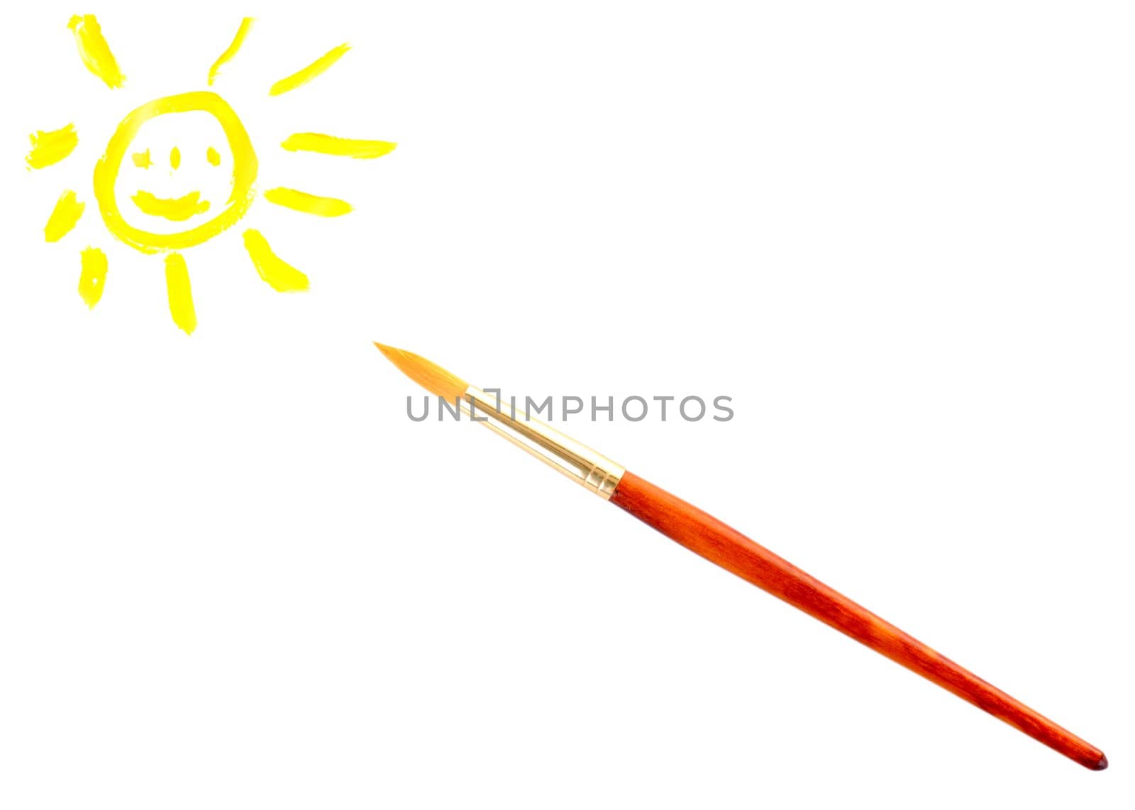 Smilling sun and small brush on white background
