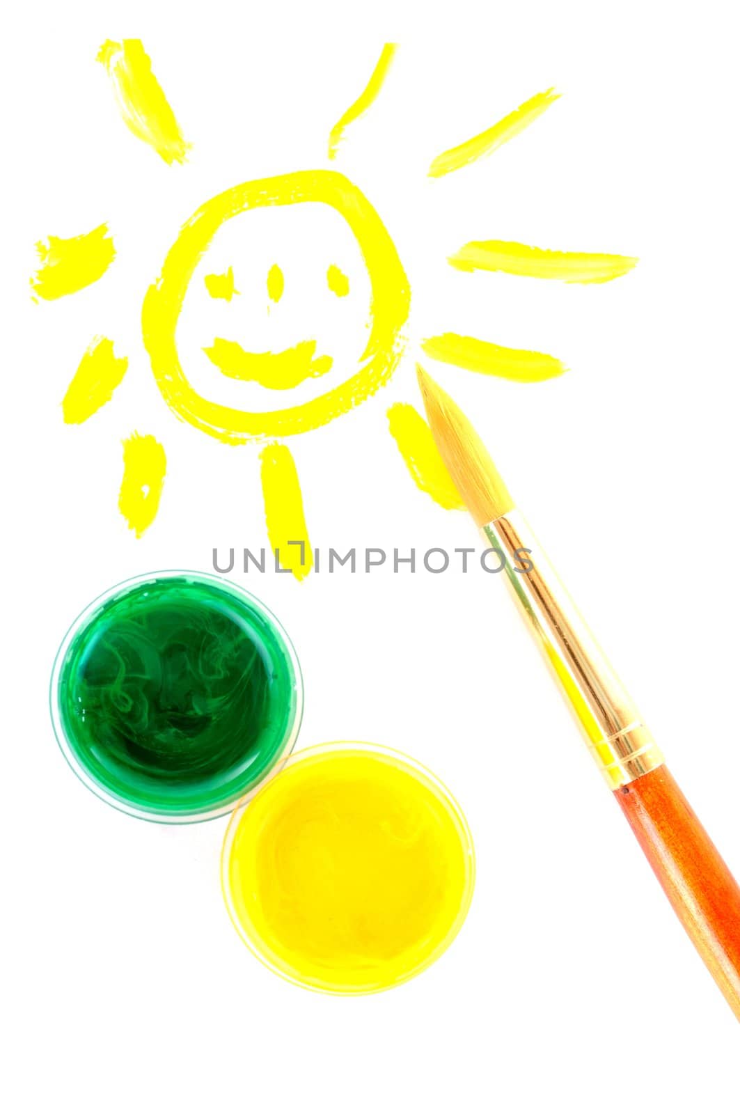 Smilling sun, paint and small brush on white background