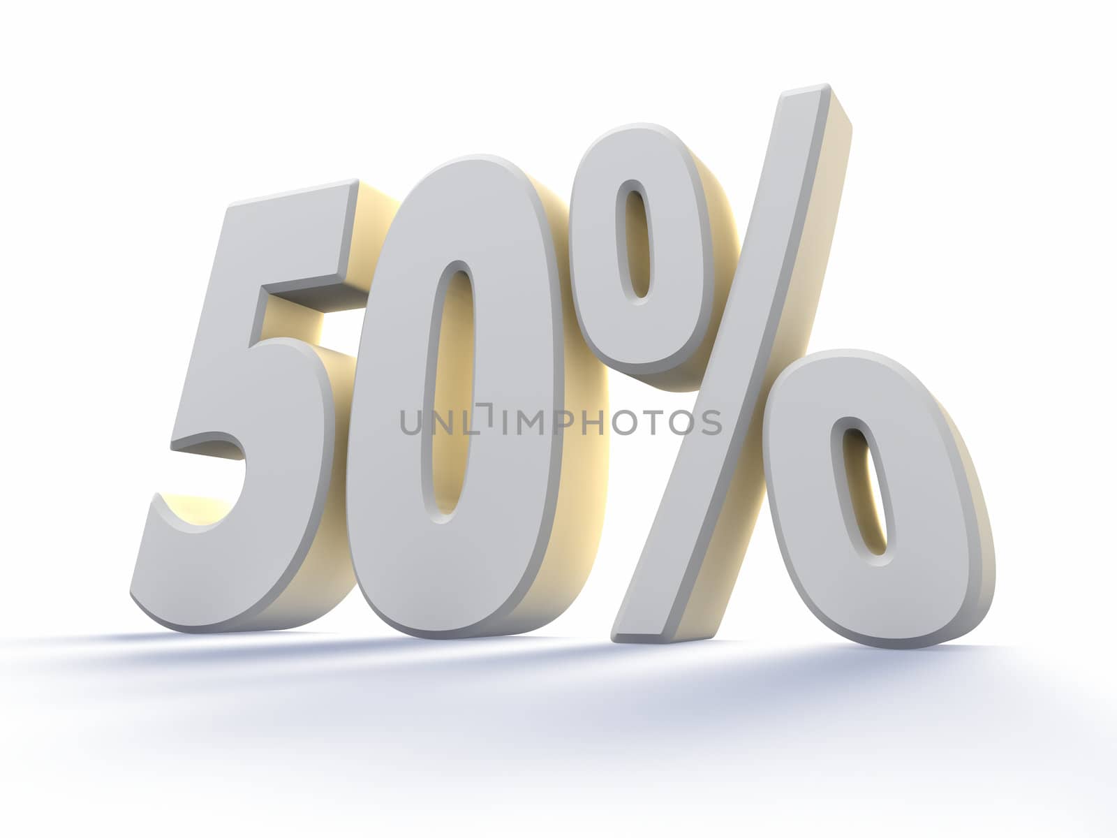 Fifty percent, large white number with backlit, isolated on white background. 50%