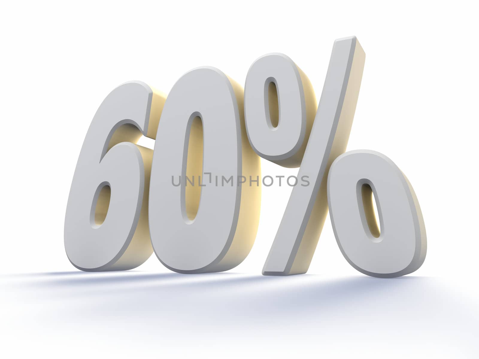 Sixty percent, large white number with backlit, isolated on white background. 60%