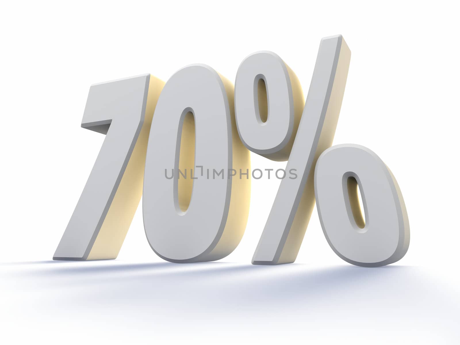 Seventy percent, large white number with backlit, isolated on white background. 70%