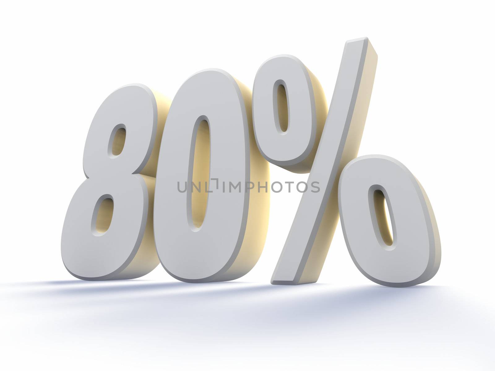Eighty percent, large white number with backlit, isolated on white background. 80%