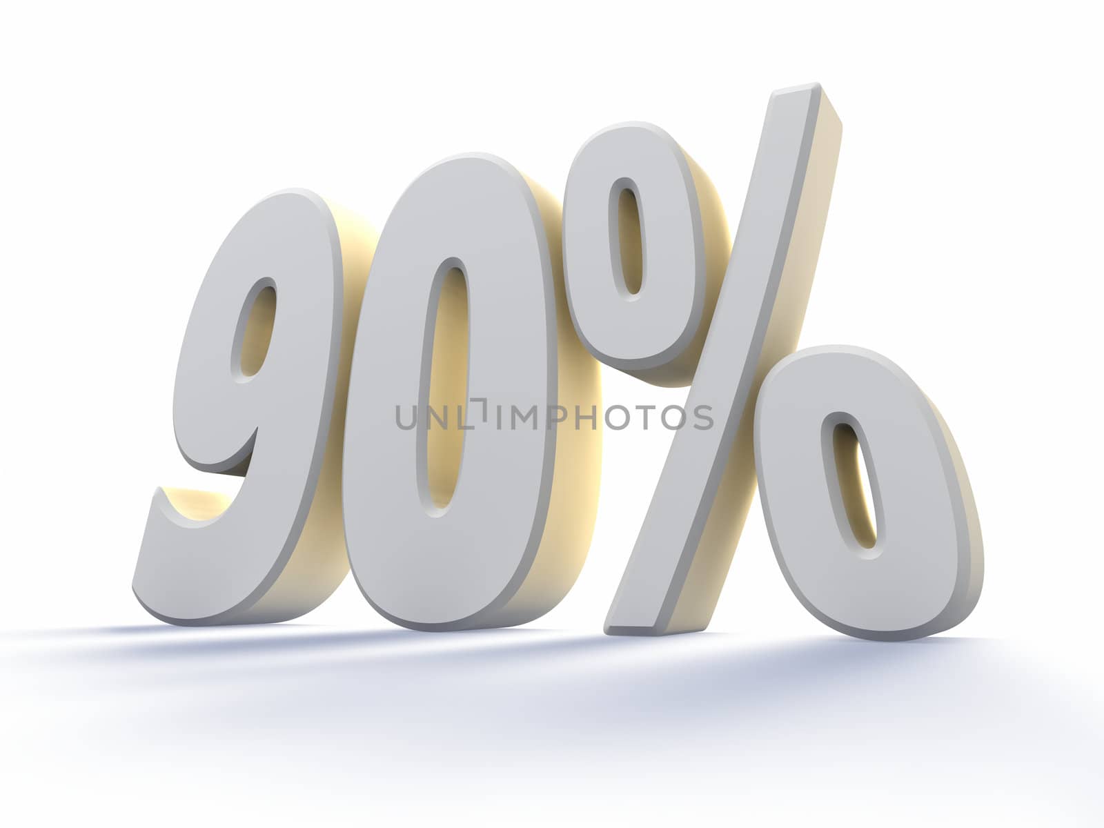 Ninety percent, large white number with backlit, isolated on white background. 90%