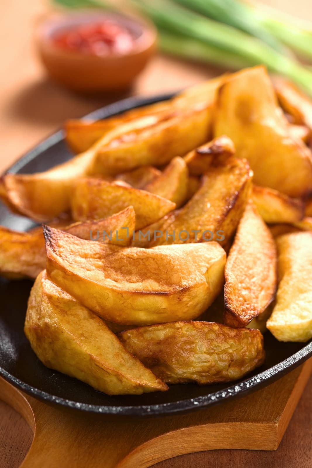 Fresh homemade crispy fried potato wedges on metallic plate with ketchup and scallion in the back (Selective Focus, Focus one third into the image)