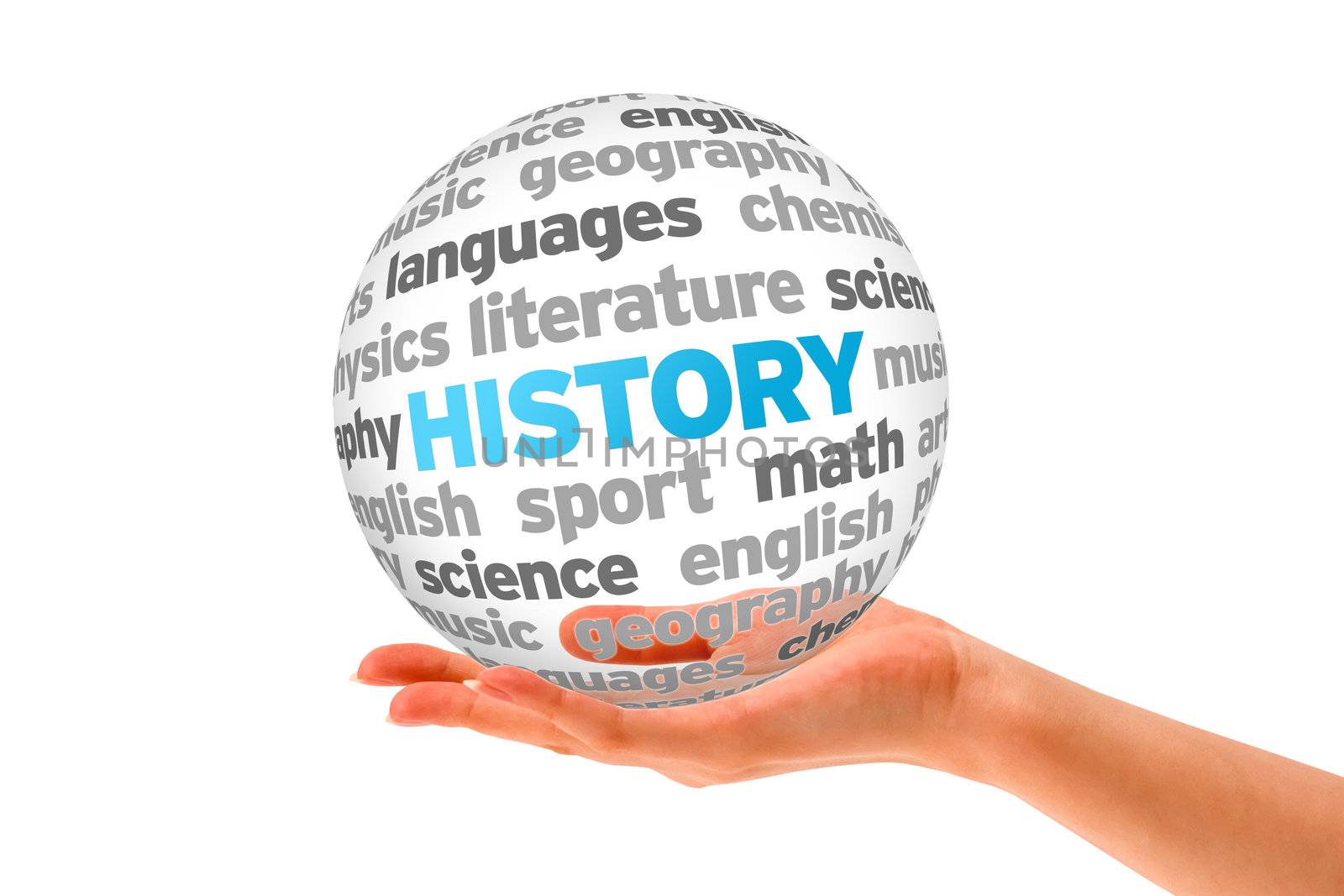 Hand holding a History Word Sphere on white background. 