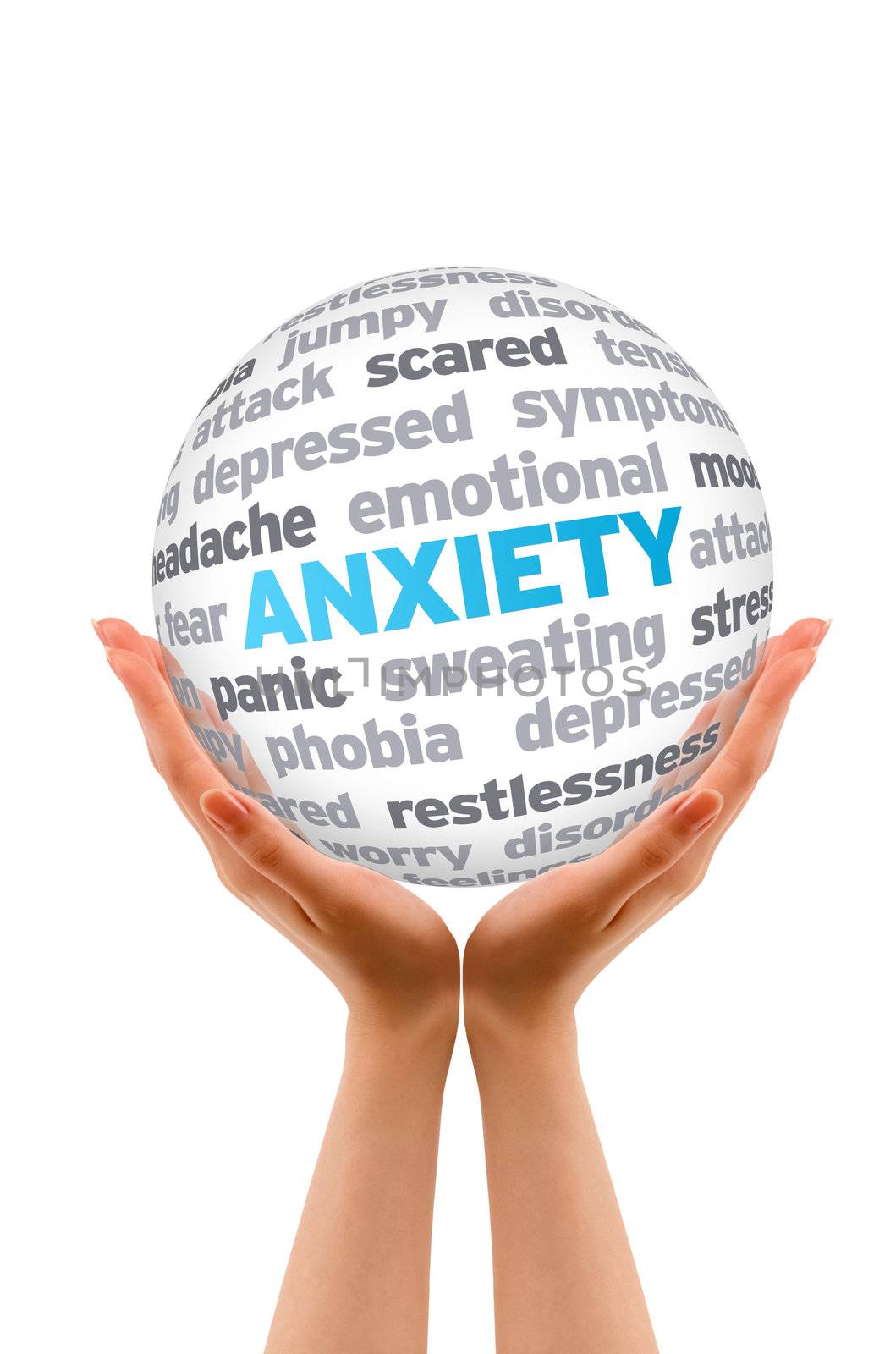 Hands holding a Anxiety Word Sphere sign on white background.