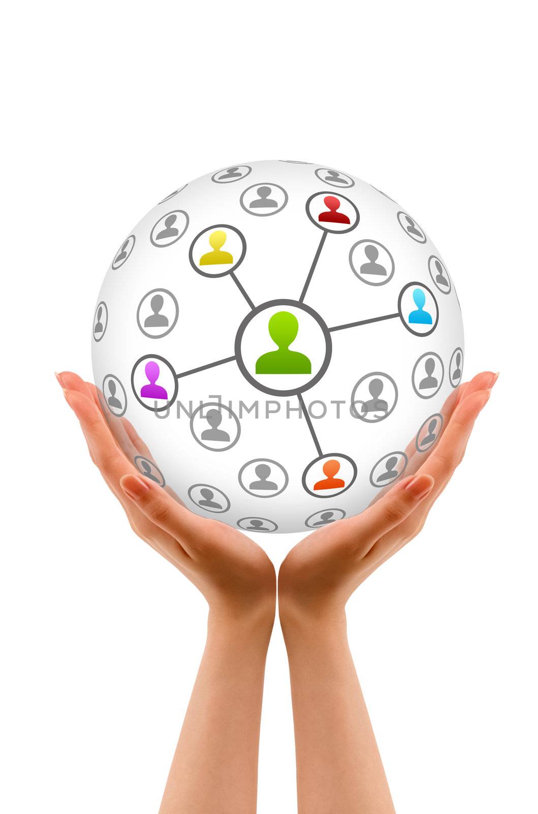 Hands holding a Friends Network Sphere on white background.