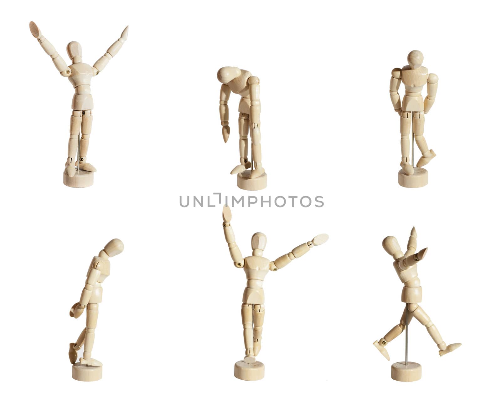 Six wood mannequins showing diverse emotions against white background.