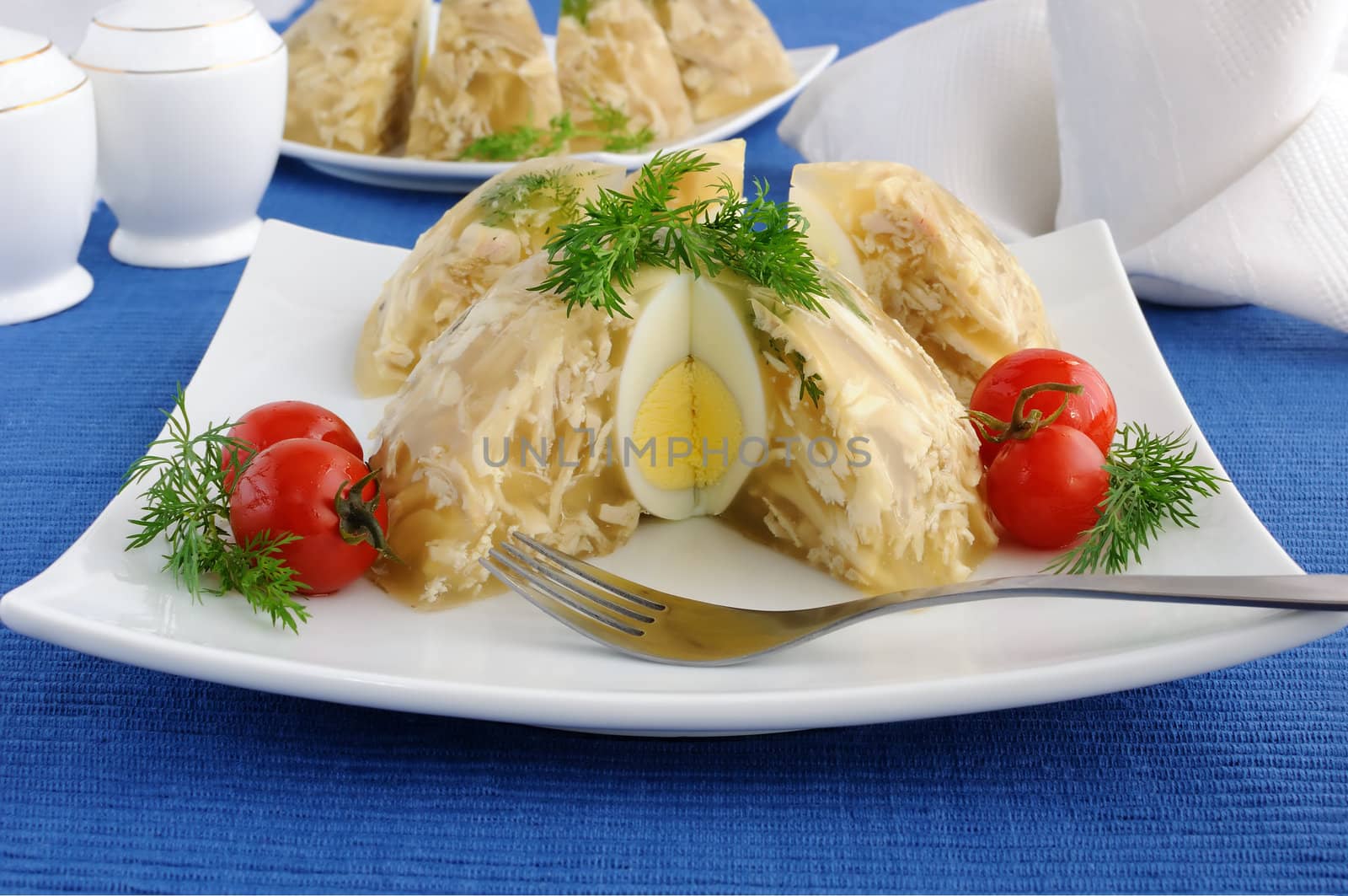 Jellied chicken decorated with egg and dill in the context of